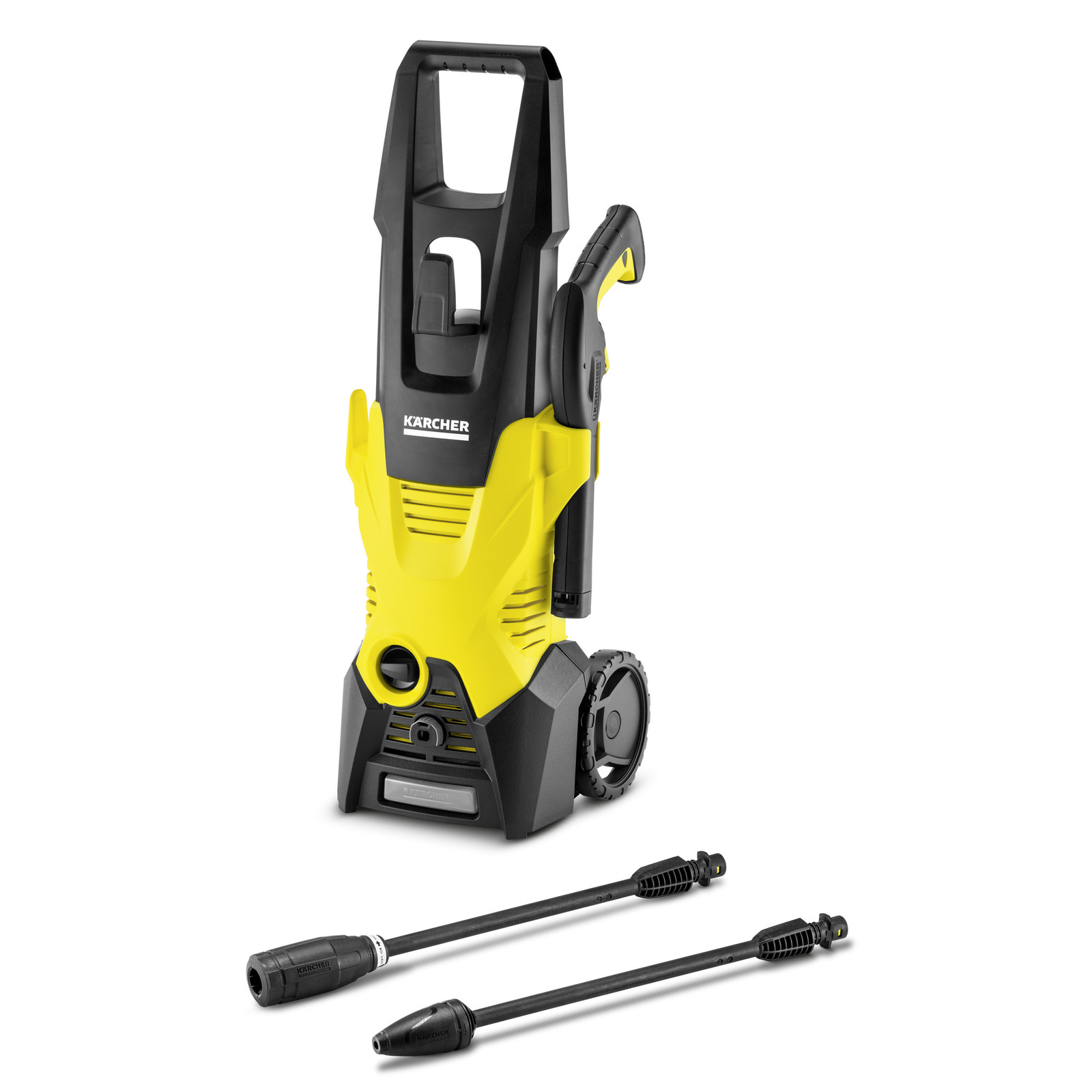 Kärcher high-pressure cleaner with two detachable nozzles, featuring a yellow and black design with wheels.