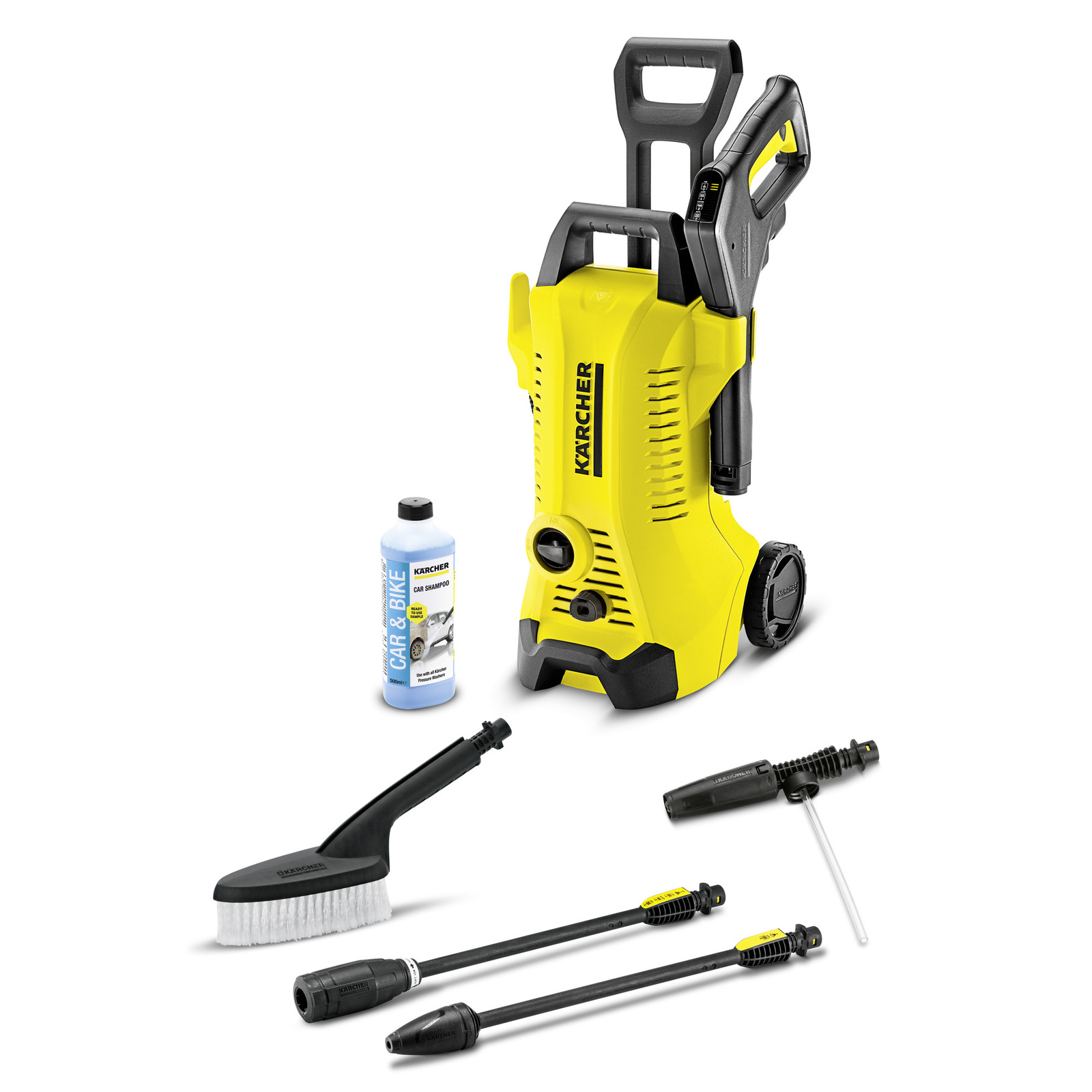 Kärcher hogedrukreiniger met accessoires: autoshampoo, borstel, spuitpistool en twee spuitlansen.
