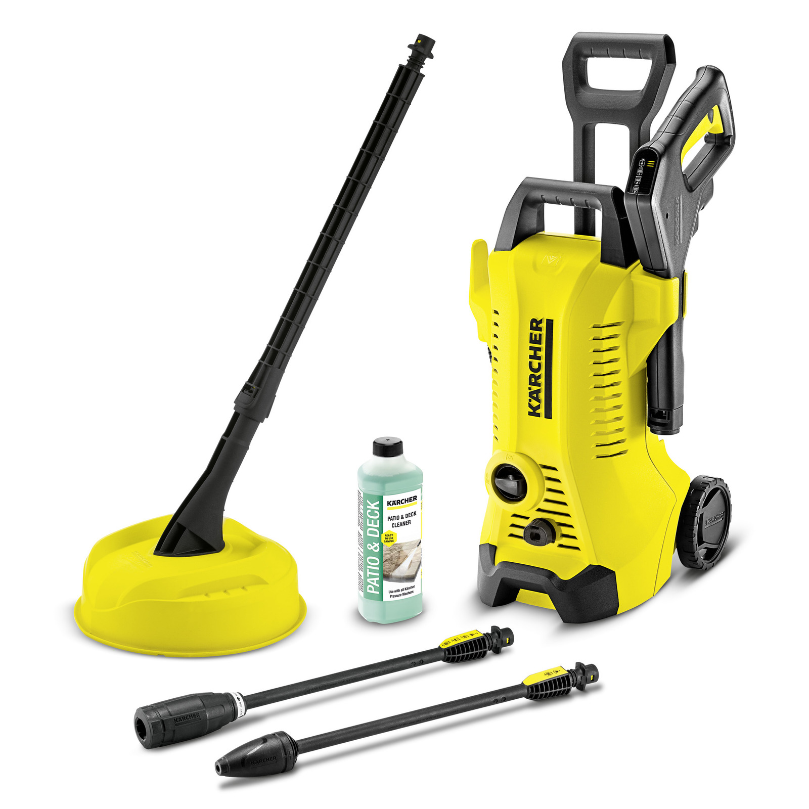 Aspirator Kärcher cu accesorii, inclusiv detergent pentru terase și duze de curățare, pe fundal alb.