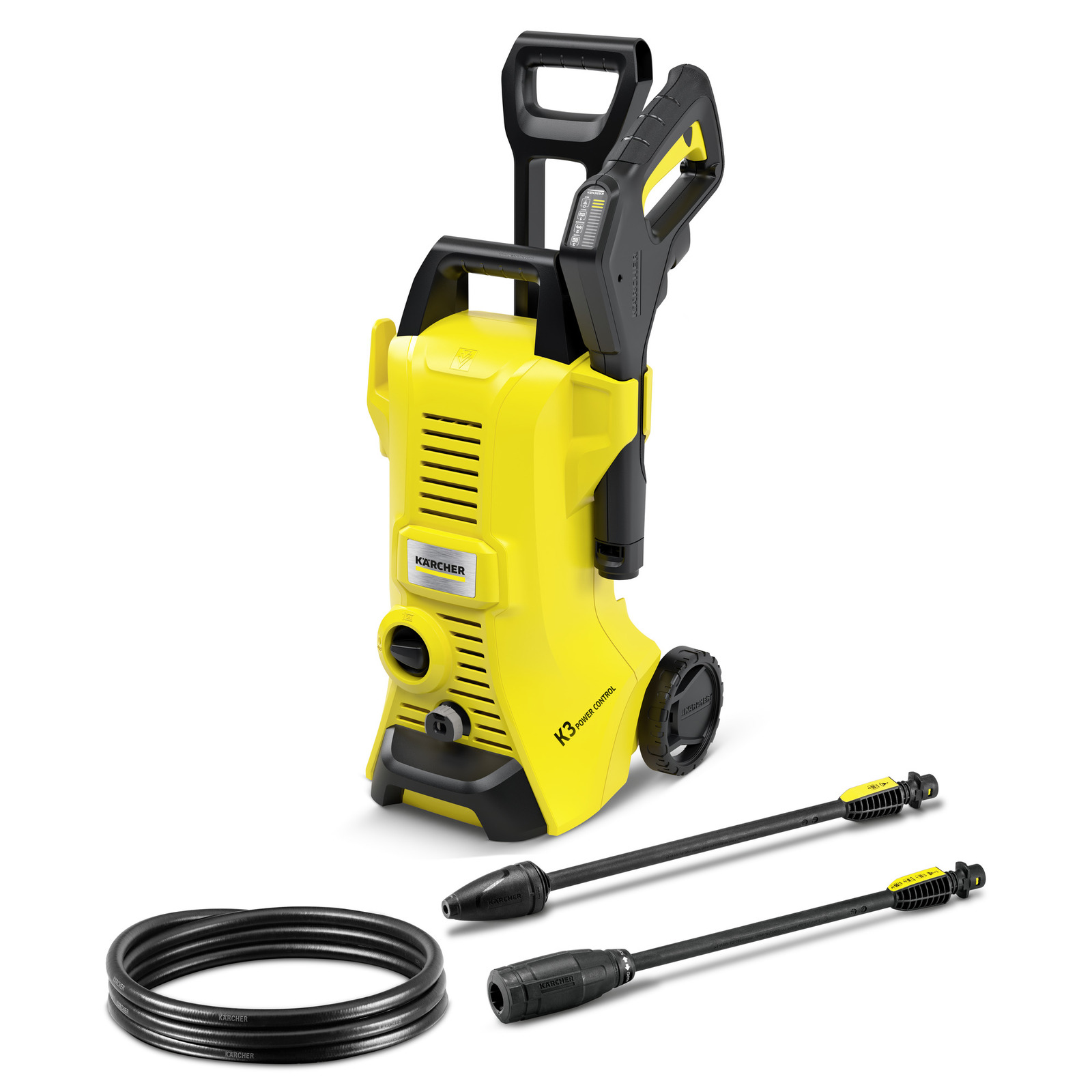 Yellow Kärcher K3 high-pressure cleaner with black hose and two spray lances on a white background.