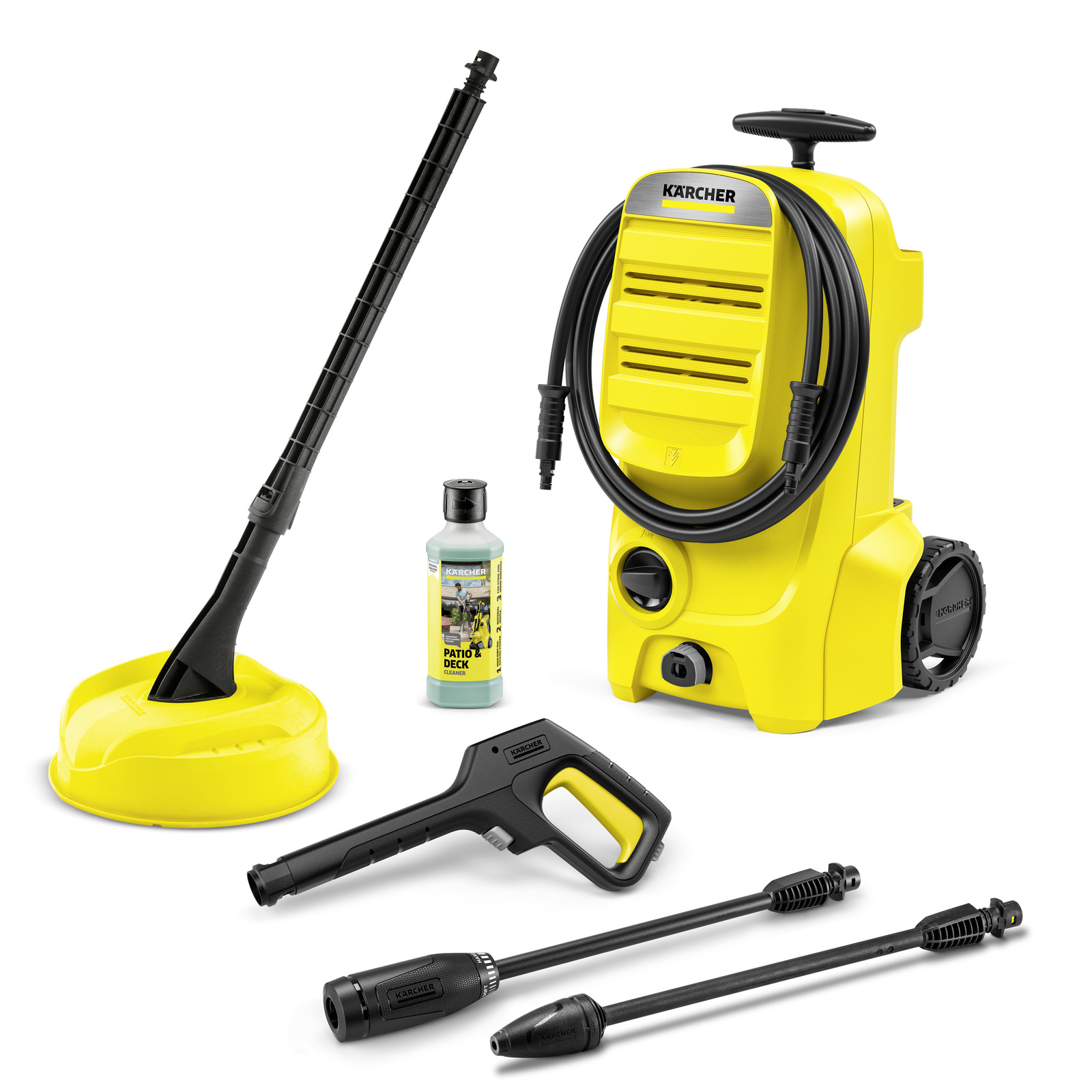 Kärcher high-pressure cleaner set with yellow unit, spray gun, detergent bottle, surface cleaner, and two nozzles. Kärcher high-pressure cleaner set with yellow unit, spray gun, detergent bottle, surface cleaner, and two nozzles.