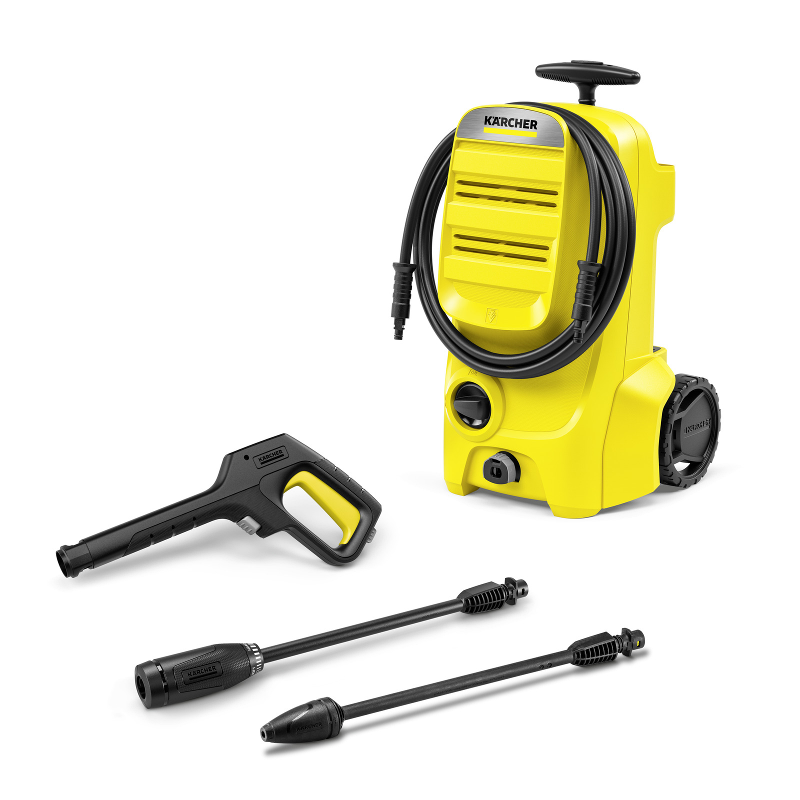 Kärcher high-pressure cleaner with hose, spray gun, and two lance attachments on a white background. Kärcher high-pressure cleaner with hose, spray gun, and two lance attachments on a white background.