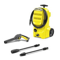 Kärcher high-pressure cleaner with hose, spray gun, and two lance attachments, set against a white background.