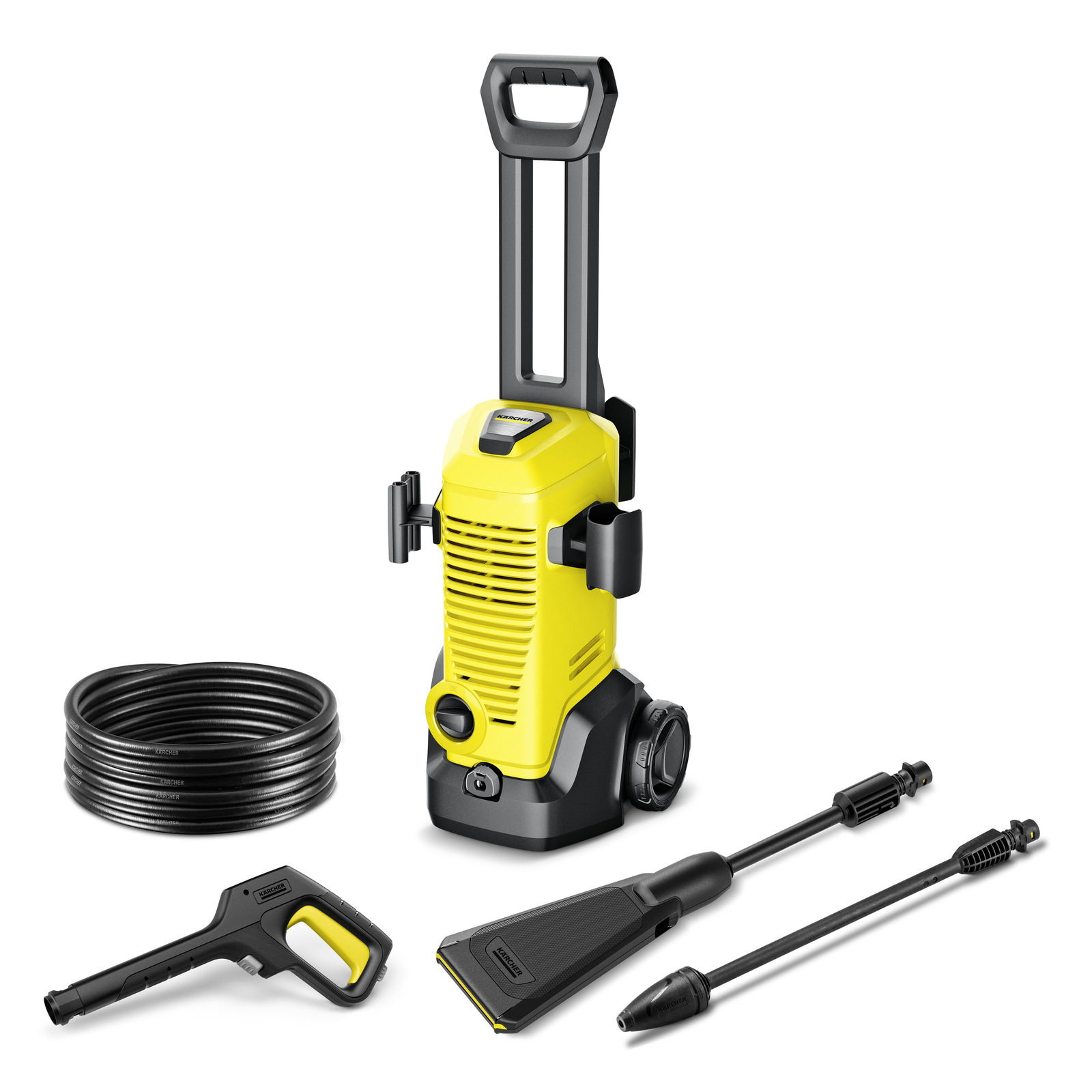 Yellow Kärcher high-pressure cleaner with hose, spray gun, and two nozzle attachments on a white background. Yellow Kärcher high-pressure cleaner with hose, spray gun, and two nozzle attachments on a white background.