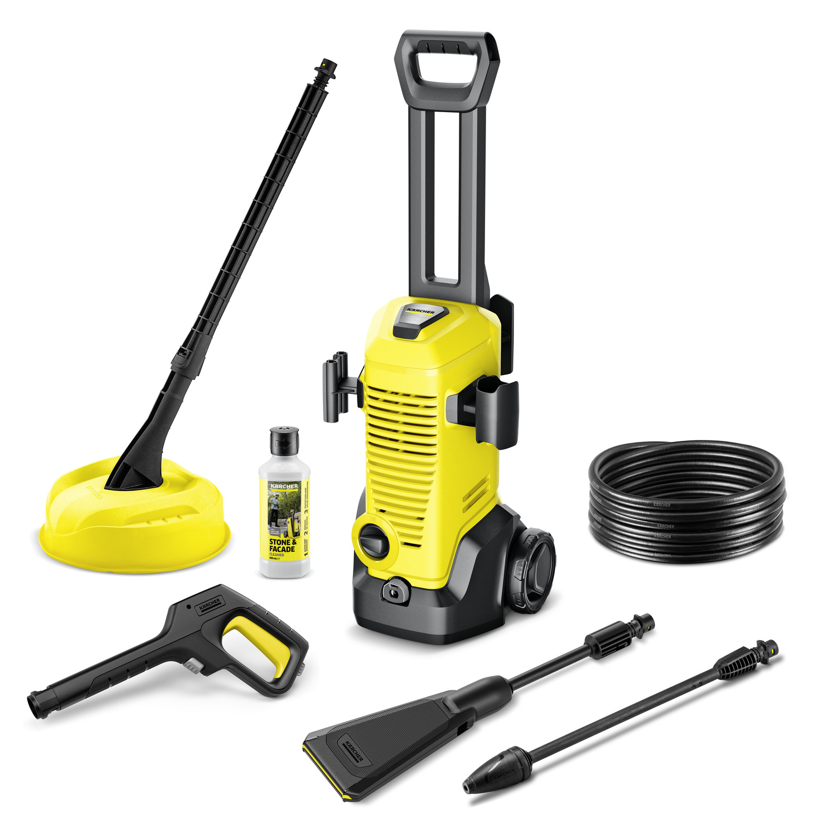 Kärcher high-pressure cleaner set with accessories, including a spray gun, detergent bottle, hose, and surface cleaner, on a white background. Kärcher high-pressure cleaner set with accessories, including a spray gun, detergent bottle, hose, and surface cleaner, on a white background.