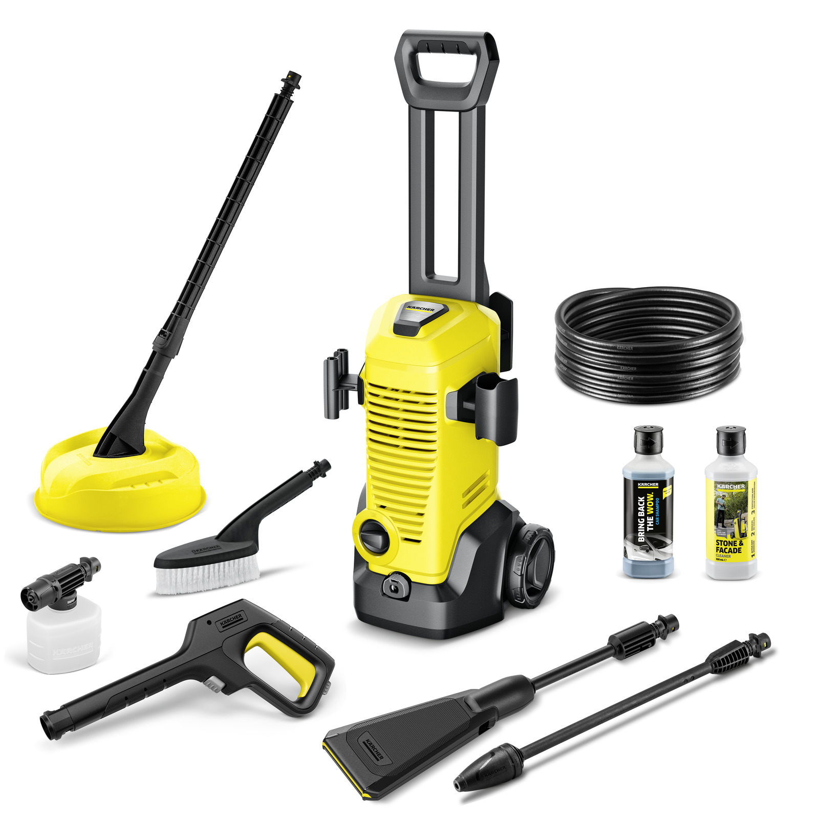 Kärcher high-pressure cleaner set with accessories including nozzles, hose, brush, detergent bottles, and surface cleaner. Kärcher high-pressure cleaner set with accessories including nozzles, hose, brush, detergent bottles, and surface cleaner.
