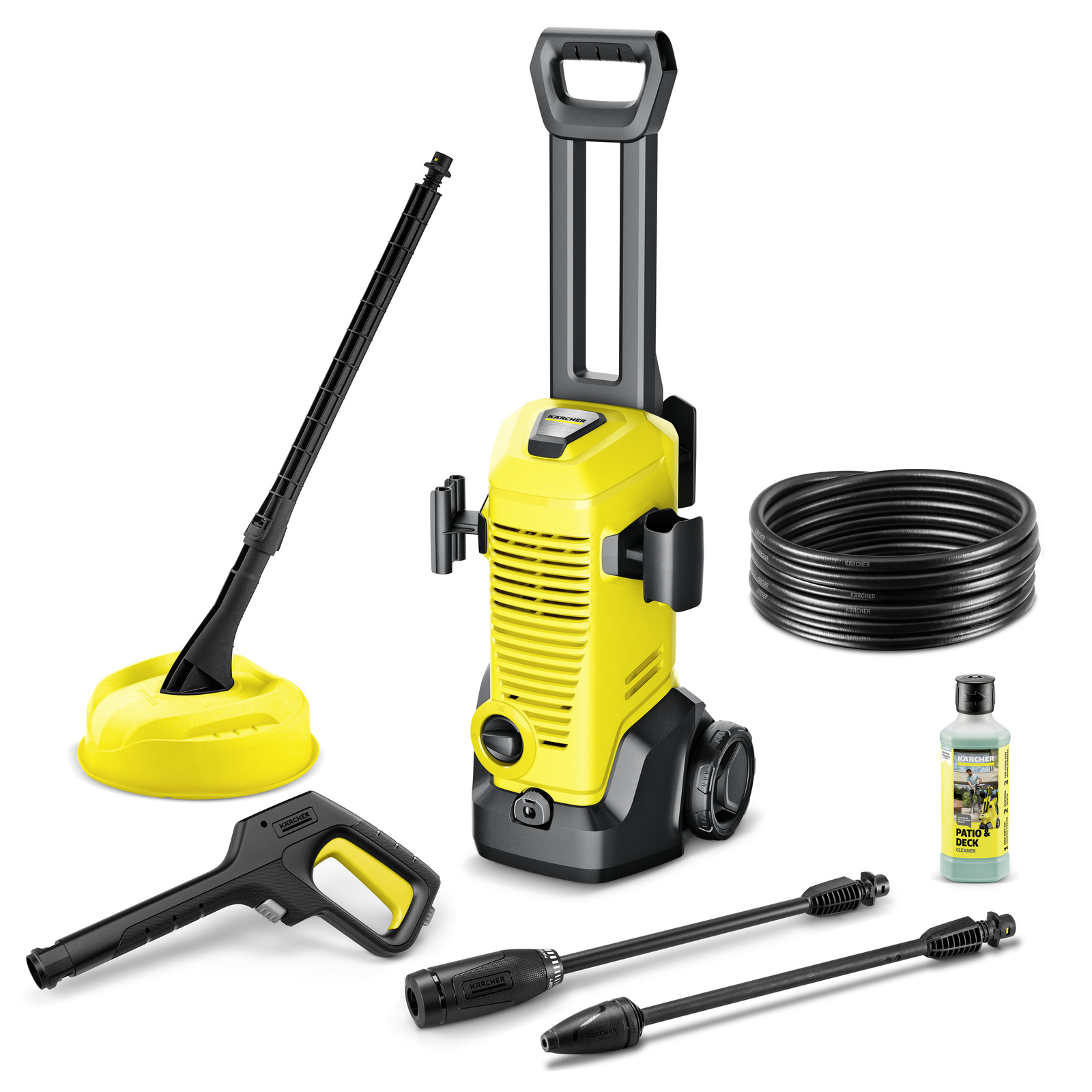 Kärcher high-pressure cleaner set with accessories: spray gun, extension lance, hose, patio cleaner, and detergent bottle.