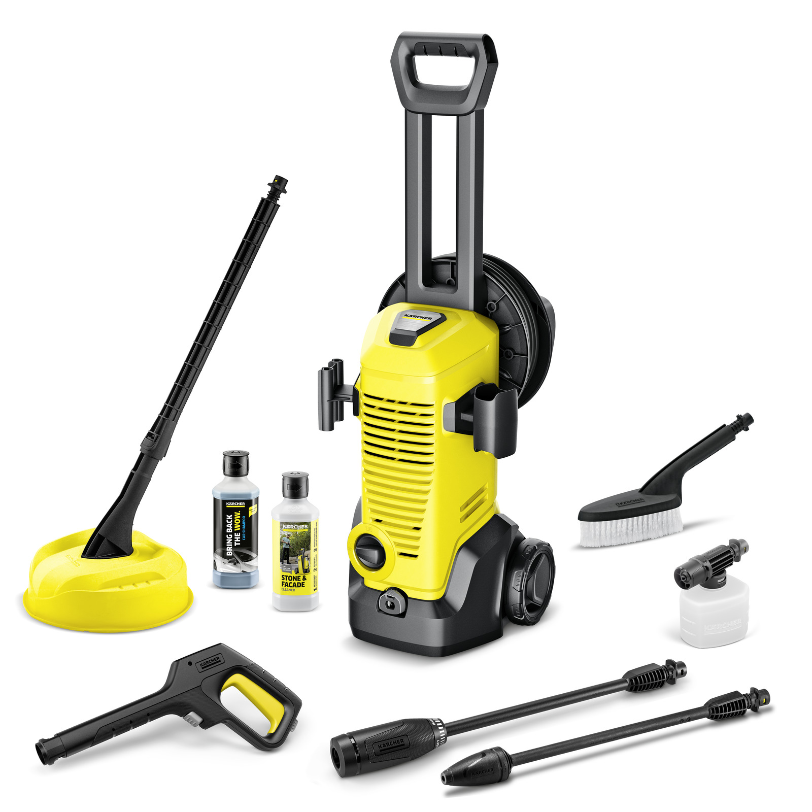 Kärcher high-pressure cleaner with accessories, including nozzles, cleaning solutions, and brushes, displayed on a white background. Kärcher high-pressure cleaner with accessories, including nozzles, cleaning solutions, and brushes, displayed on a white background.