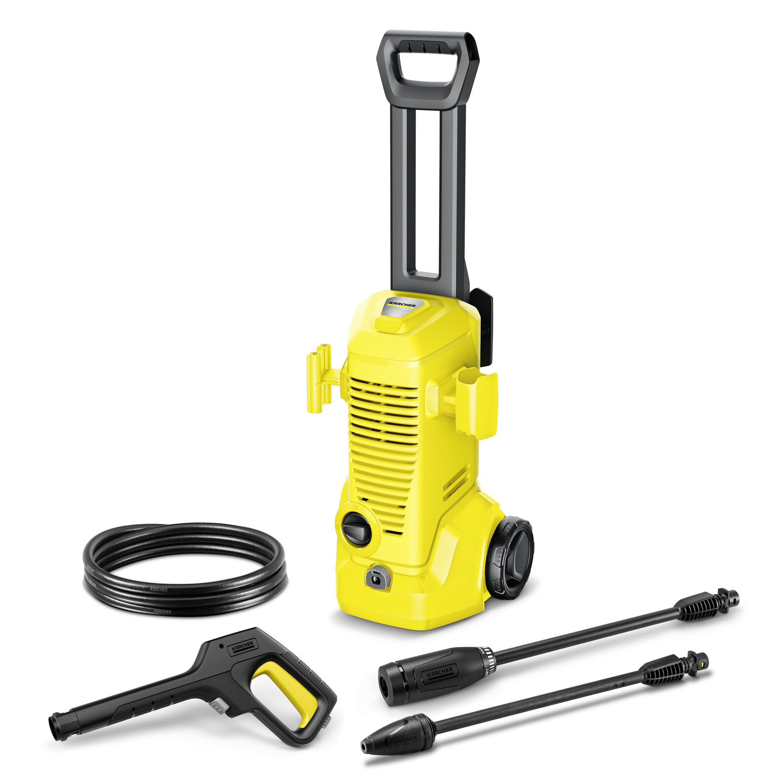 Yellow Kärcher high-pressure cleaner with hose, spray gun, and two nozzles on a white background.