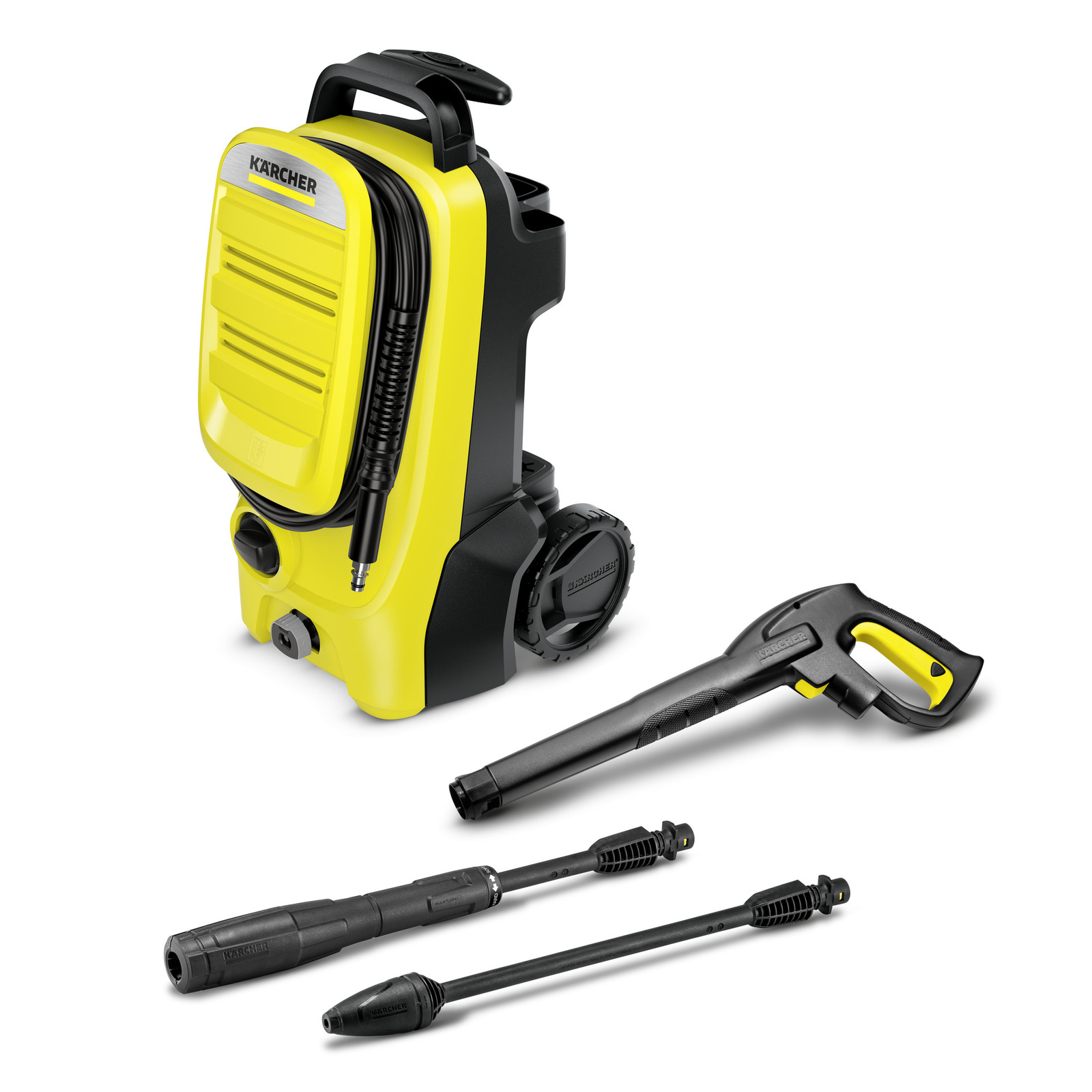 Aspirator Kärcher cu presiune, galben-negru, cu accesorii: pistol, lance și duze, pe fundal alb.