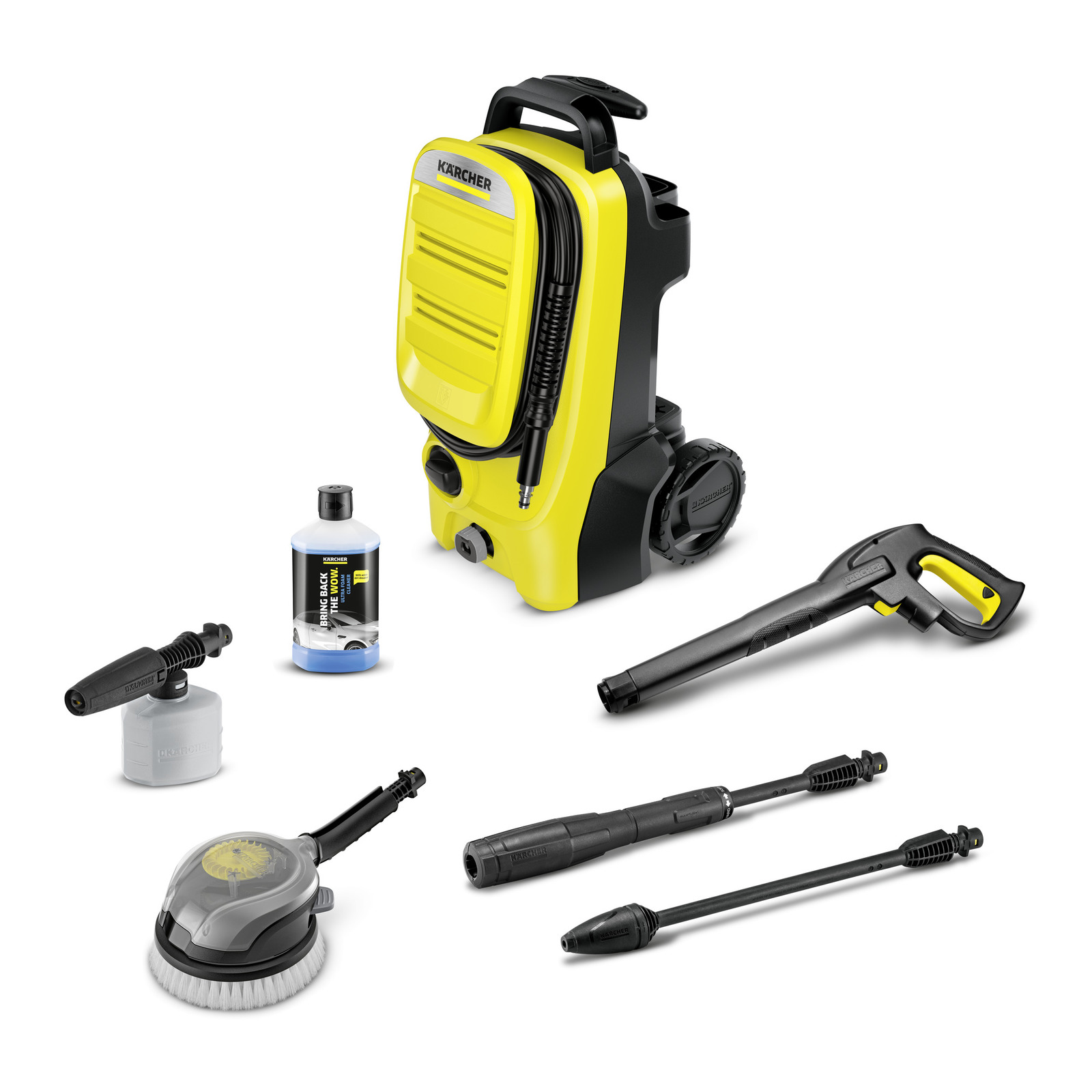 Aspirator Kärcher cu accesorii: detergent, perie rotativă, pistol de presiune, lance și duze. Design galben-negru.