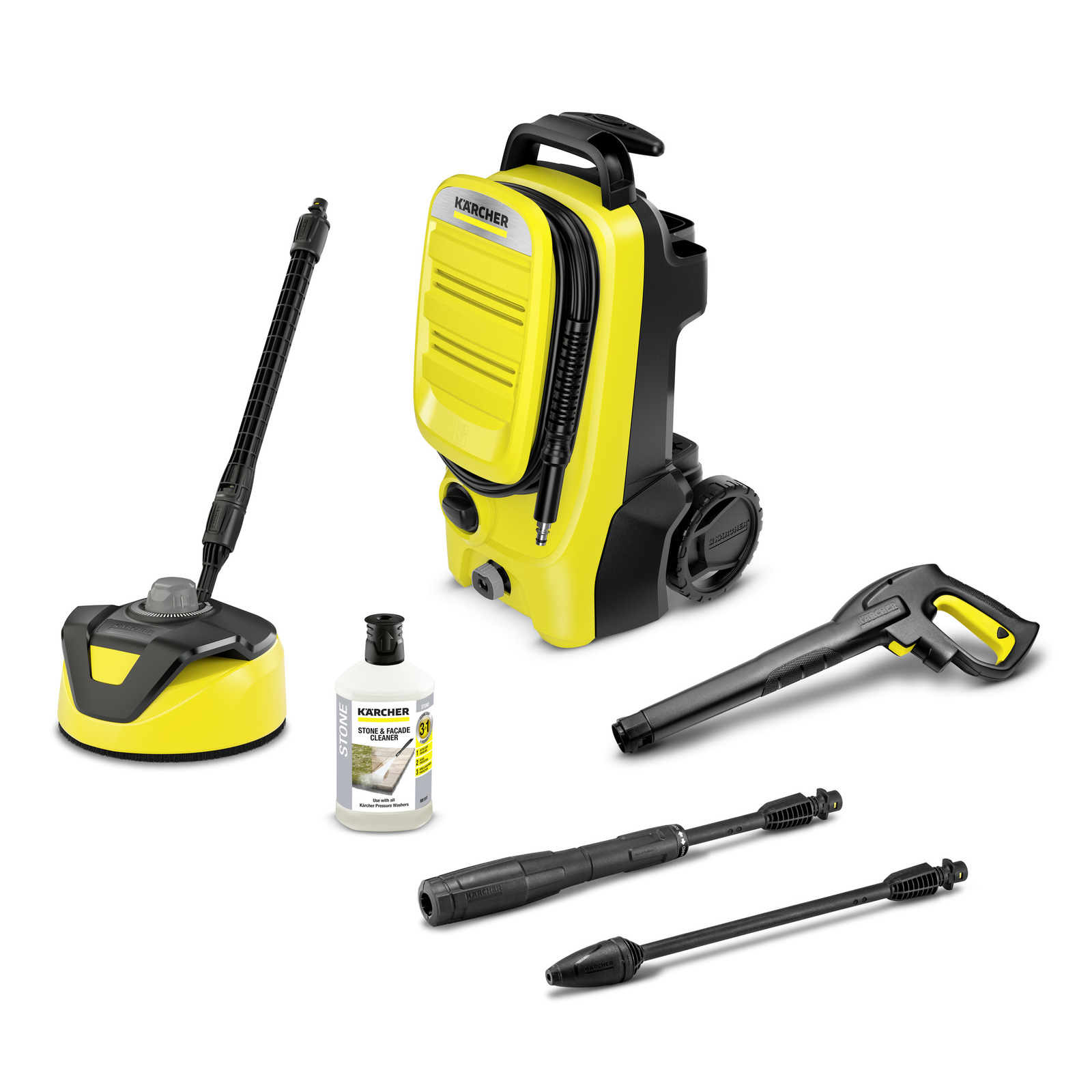 Kärcher high-pressure cleaner set with accessories, including a surface cleaner, detergent bottle, spray gun, and extension wands.
