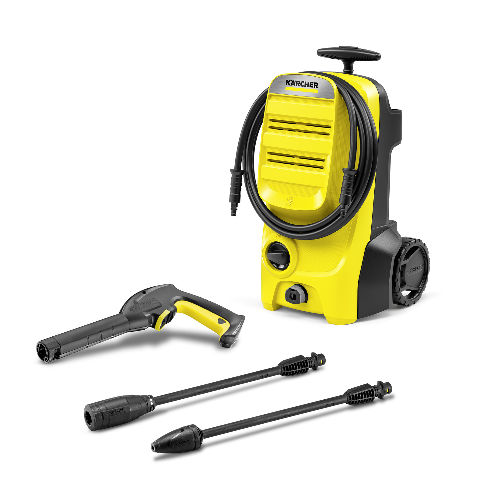 Kärcher high-pressure cleaner with hose, spray gun, and two lance attachments on a white background.