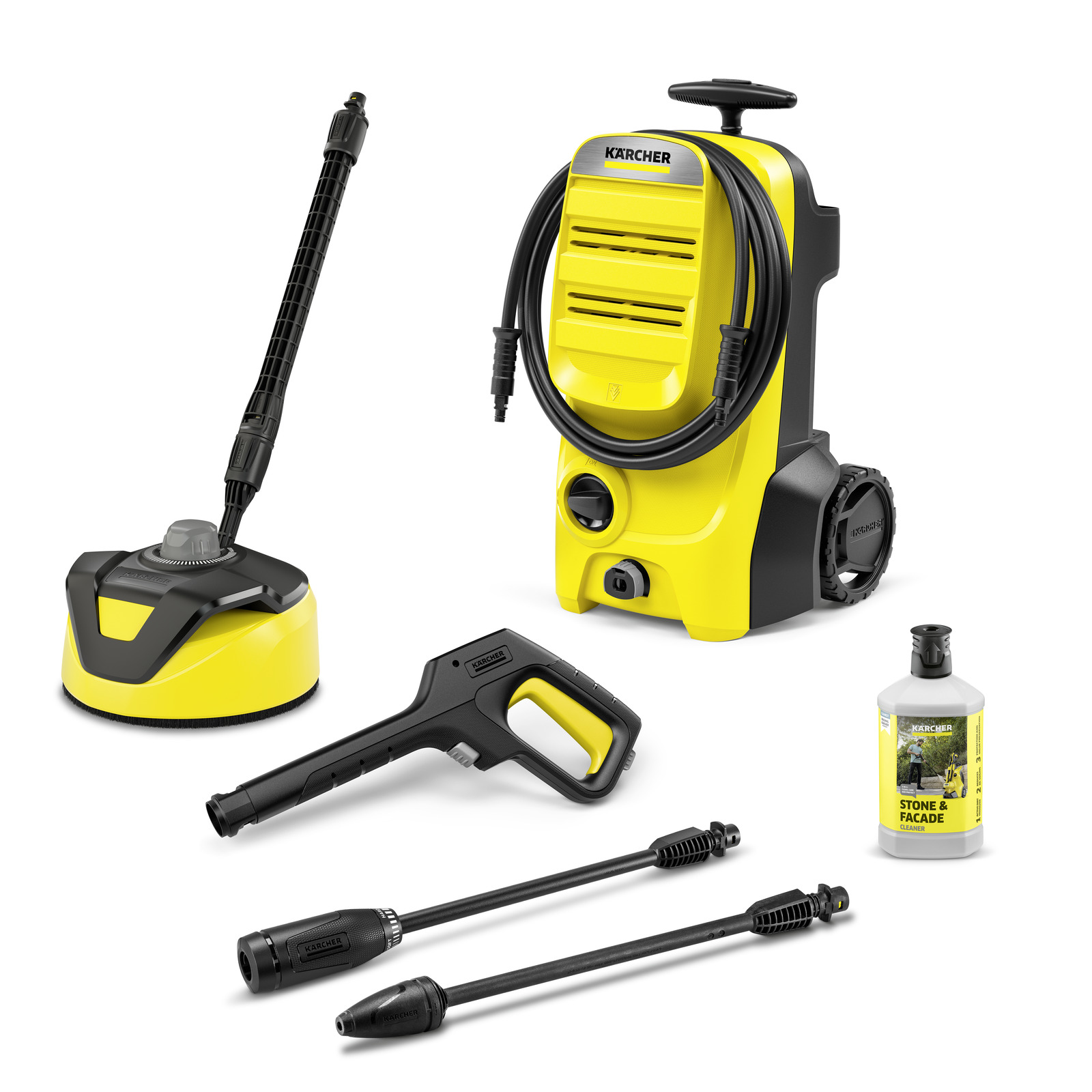 Kärcher high-pressure cleaner set with surface cleaner, spray gun, two nozzles, and detergent bottle, all in yellow and black.