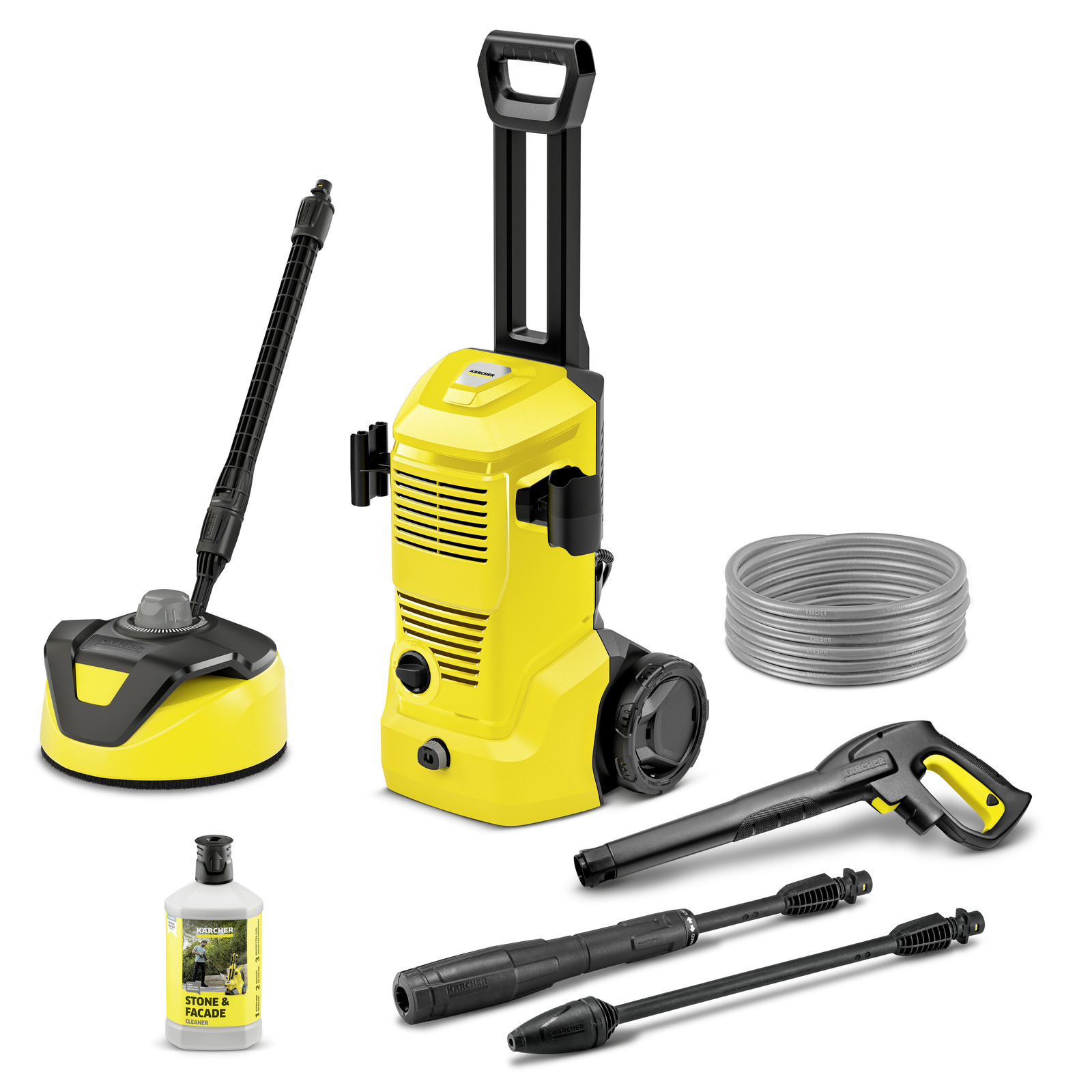 Kärcher high-pressure cleaner set with accessories, including a hose, spray gun, detergent bottle, and surface cleaner attachment.