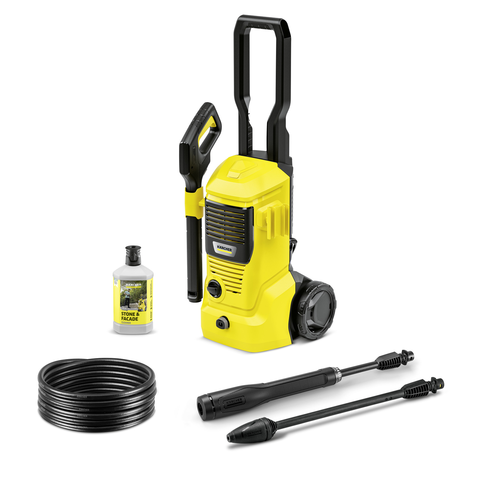 Yellow Kärcher high-pressure cleaner with accessories including hose, detergent bottle, and two spray lances on a white background. Yellow Kärcher high-pressure cleaner with accessories including hose, detergent bottle, and two spray lances on a white background.