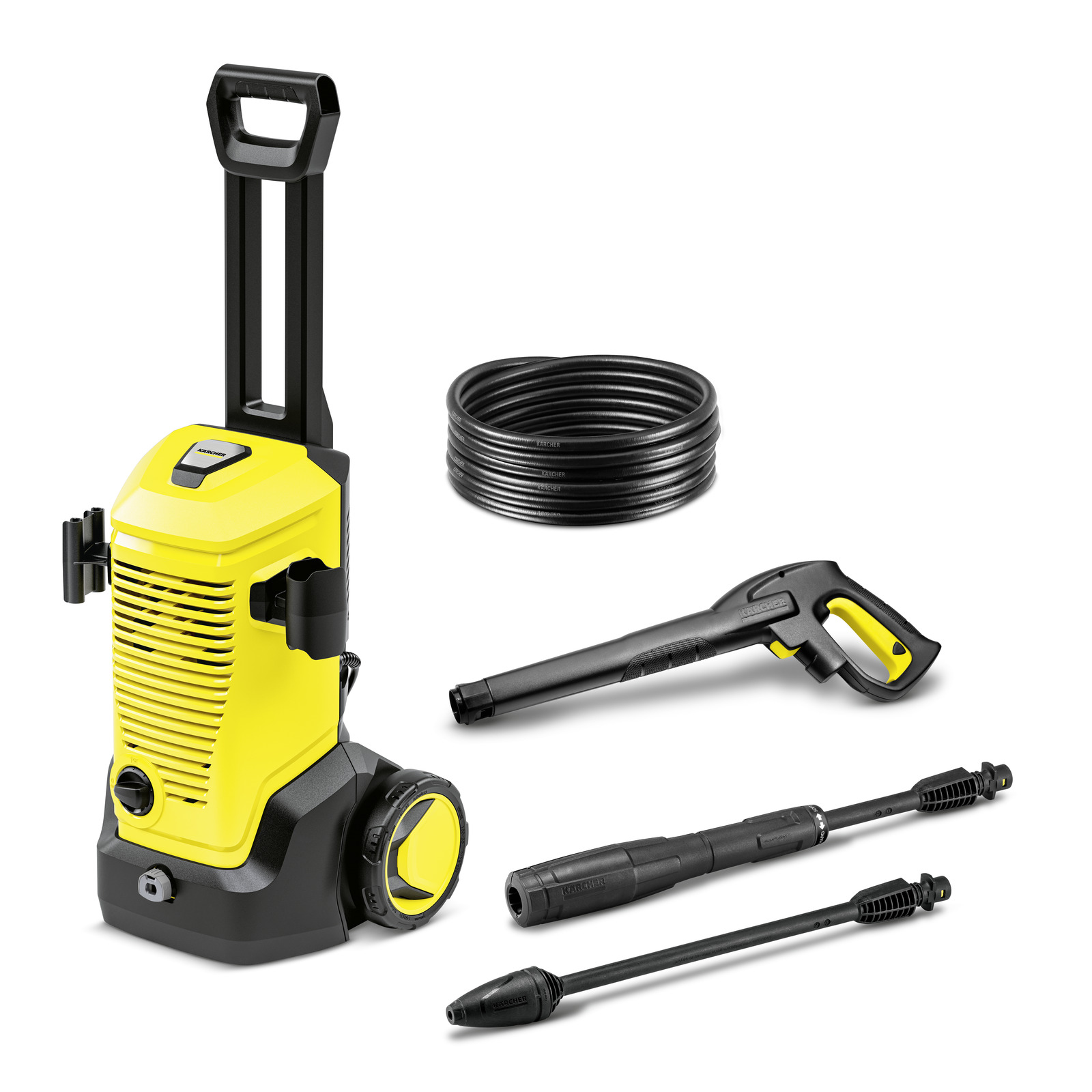 Kärcher high-pressure cleaner with hose, spray gun, and two lance attachments on a white background. Kärcher high-pressure cleaner with hose, spray gun, and two lance attachments on a white background.