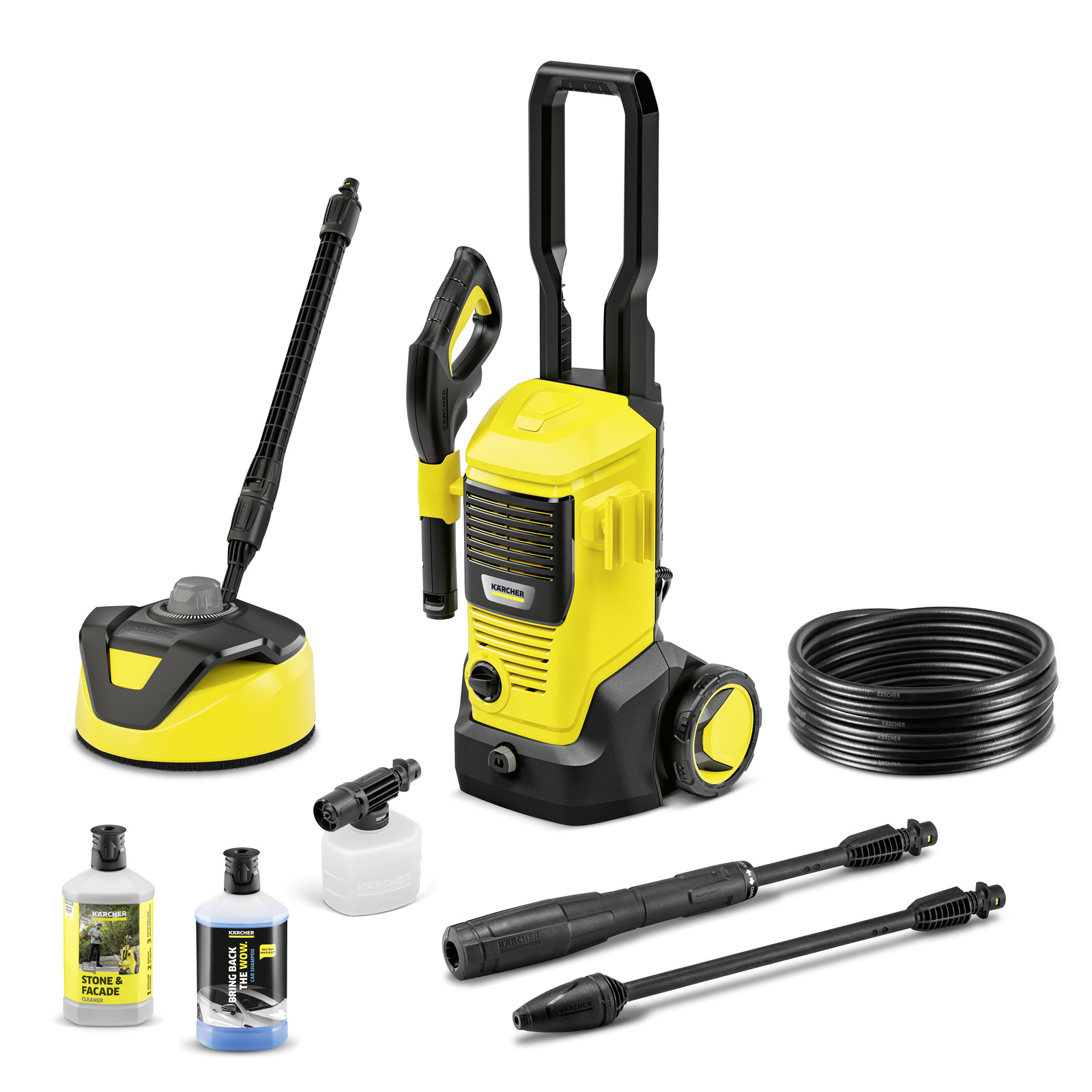 Aspirator Kärcher cu presiune, accesorii diverse, furtun negru, două sticle de detergent și două duze de pulverizare. Aspirator Kärcher cu presiune, accesorii diverse, furtun negru, două sticle de detergent și două duze de pulverizare.
