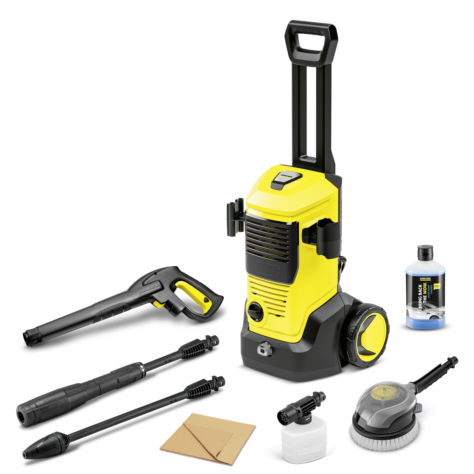 Kärcher high-pressure cleaner with accessories including spray gun, extension wands, detergent bottle, brush, and cleaning cloths.
