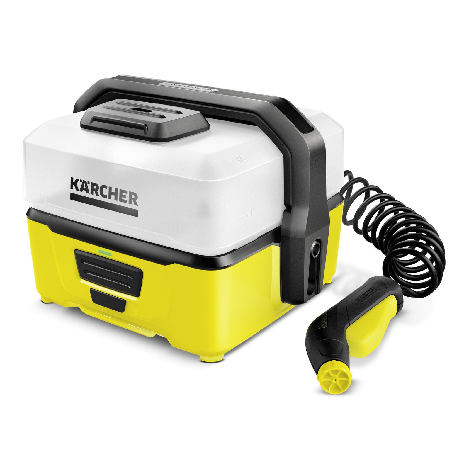 Kärcher portable cleaner with a white top, yellow base, and black handle, featuring a coiled hose and nozzle attachment. Kärcher portable cleaner with a white top, yellow base, and black handle, featuring a coiled hose and nozzle attachment.