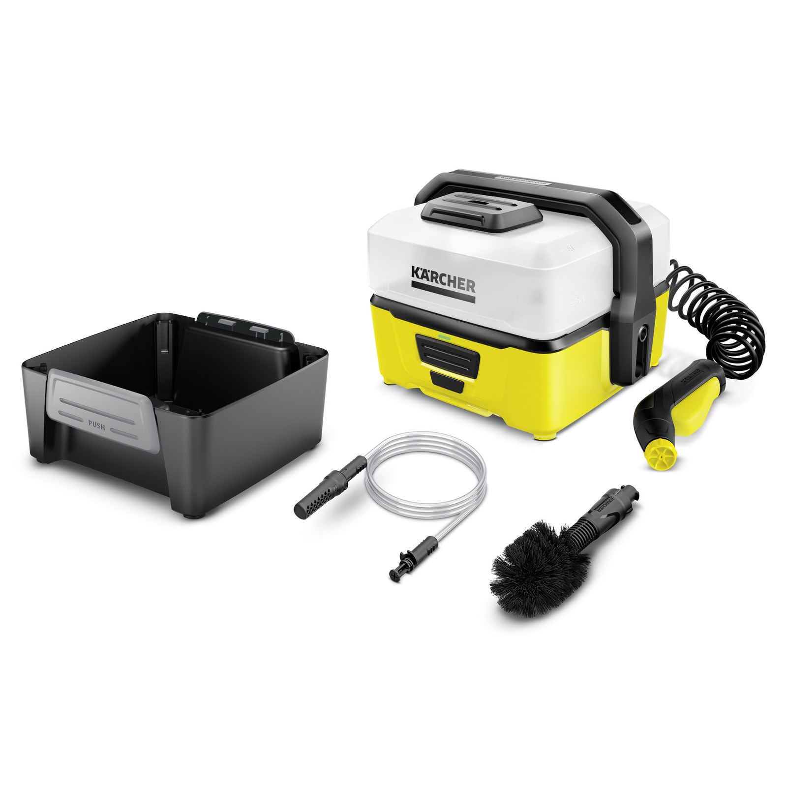 Kärcher portable cleaner with accessories including a black container, hose, brush, and nozzle, set on a white background.
