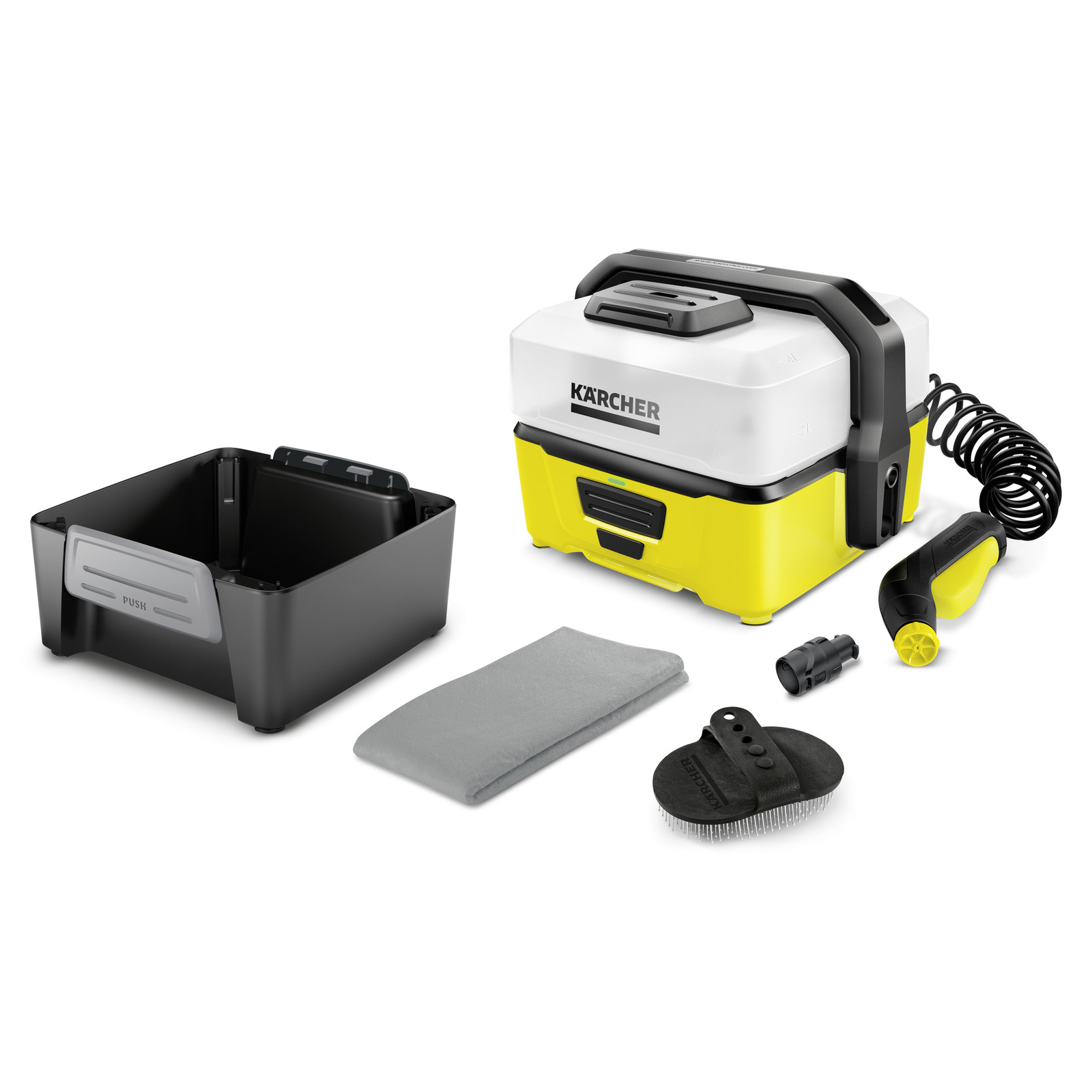 Kärcher portable cleaner with accessories: black container, grey cloth, nozzle, and brush.
