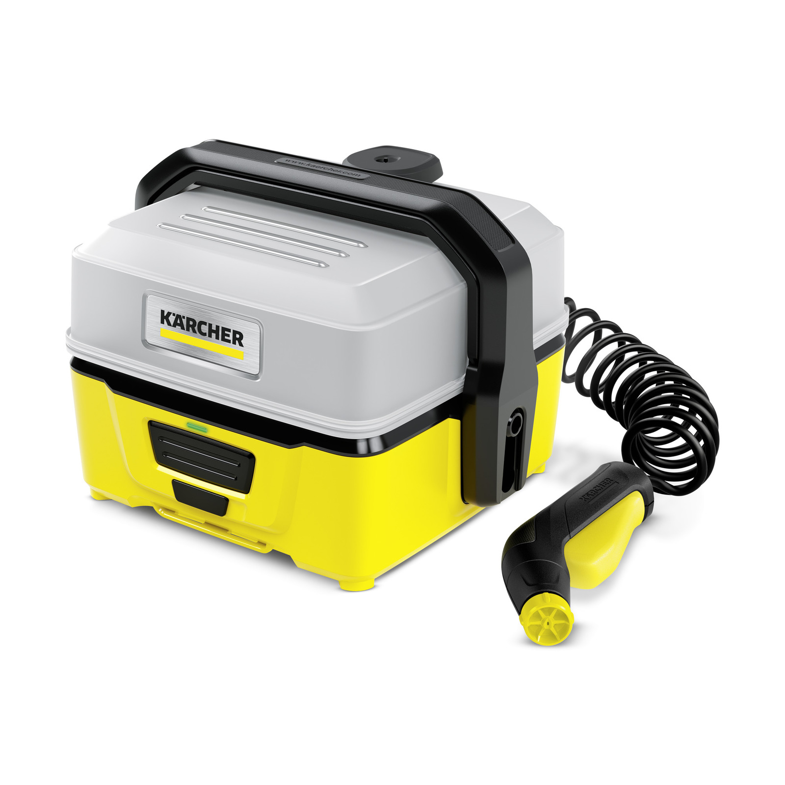 Kärcher portable cleaner with a grey top, yellow base, and coiled black hose attached to a handheld nozzle.