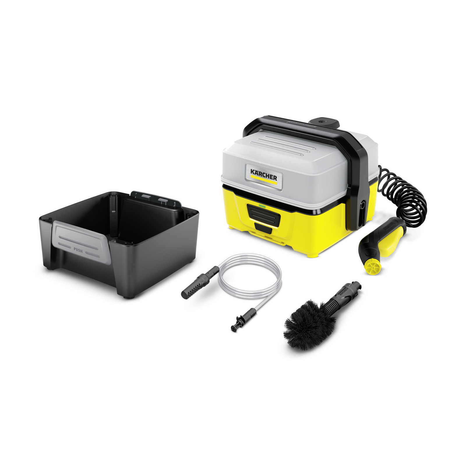 Kärcher portable cleaner with accessories: black container, hose, brush attachment, and spray gun on white background. Kärcher portable cleaner with accessories: black container, hose, brush attachment, and spray gun on white background.