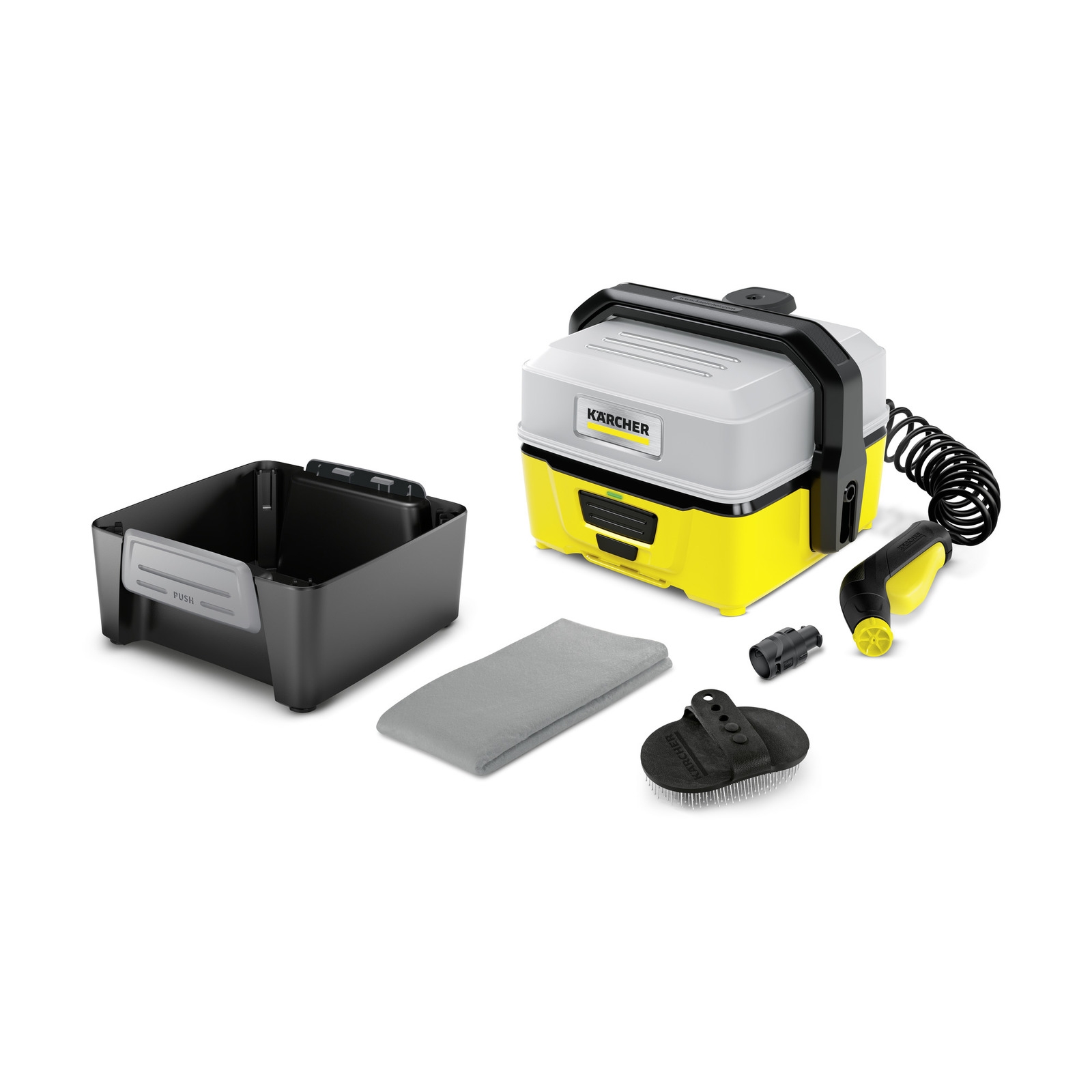 Kärcher portable cleaner with accessories including a black container, grey cloth, brush, and nozzle on a white background.