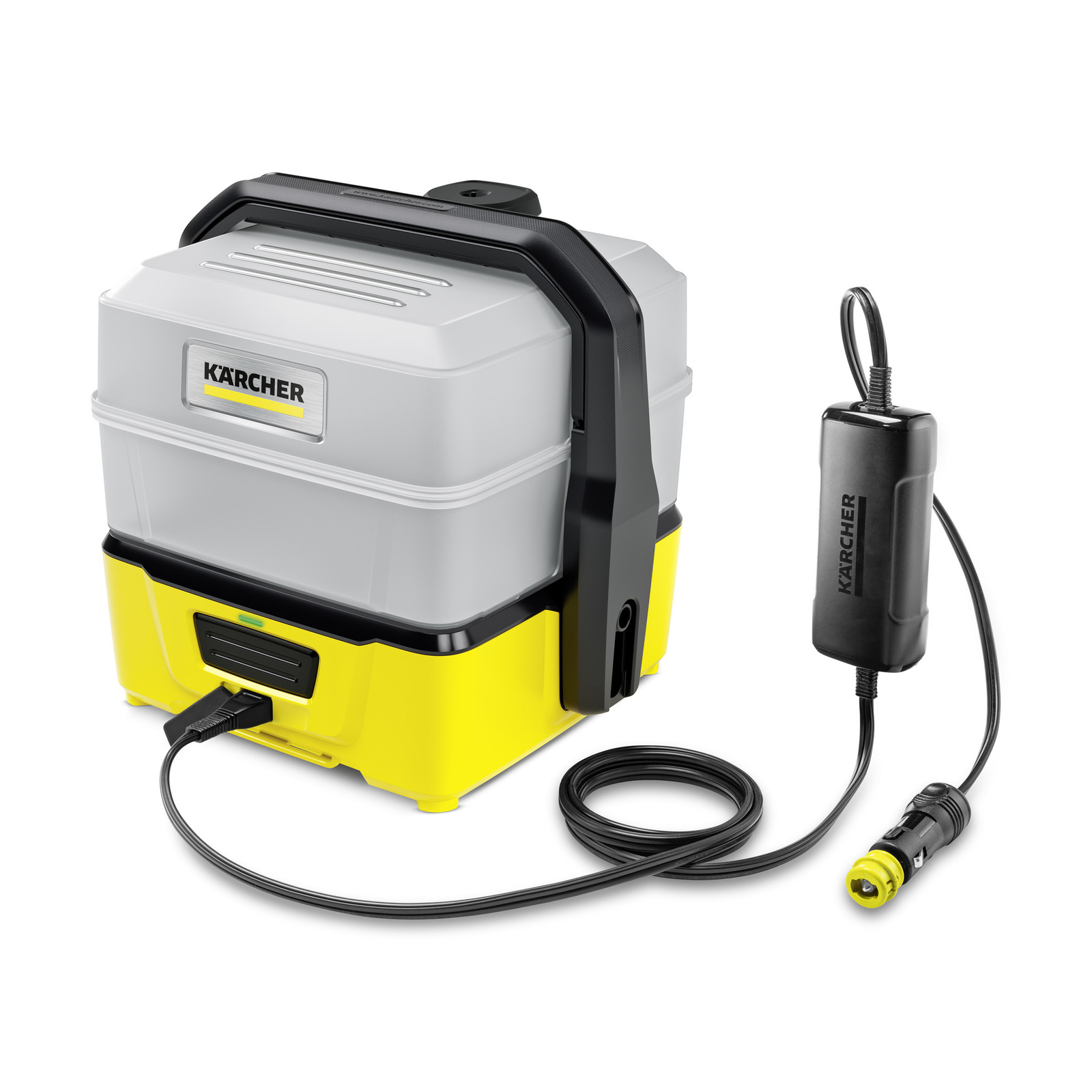 Kärcher portable cleaning device with a grey top, yellow base, and attached black power cable.