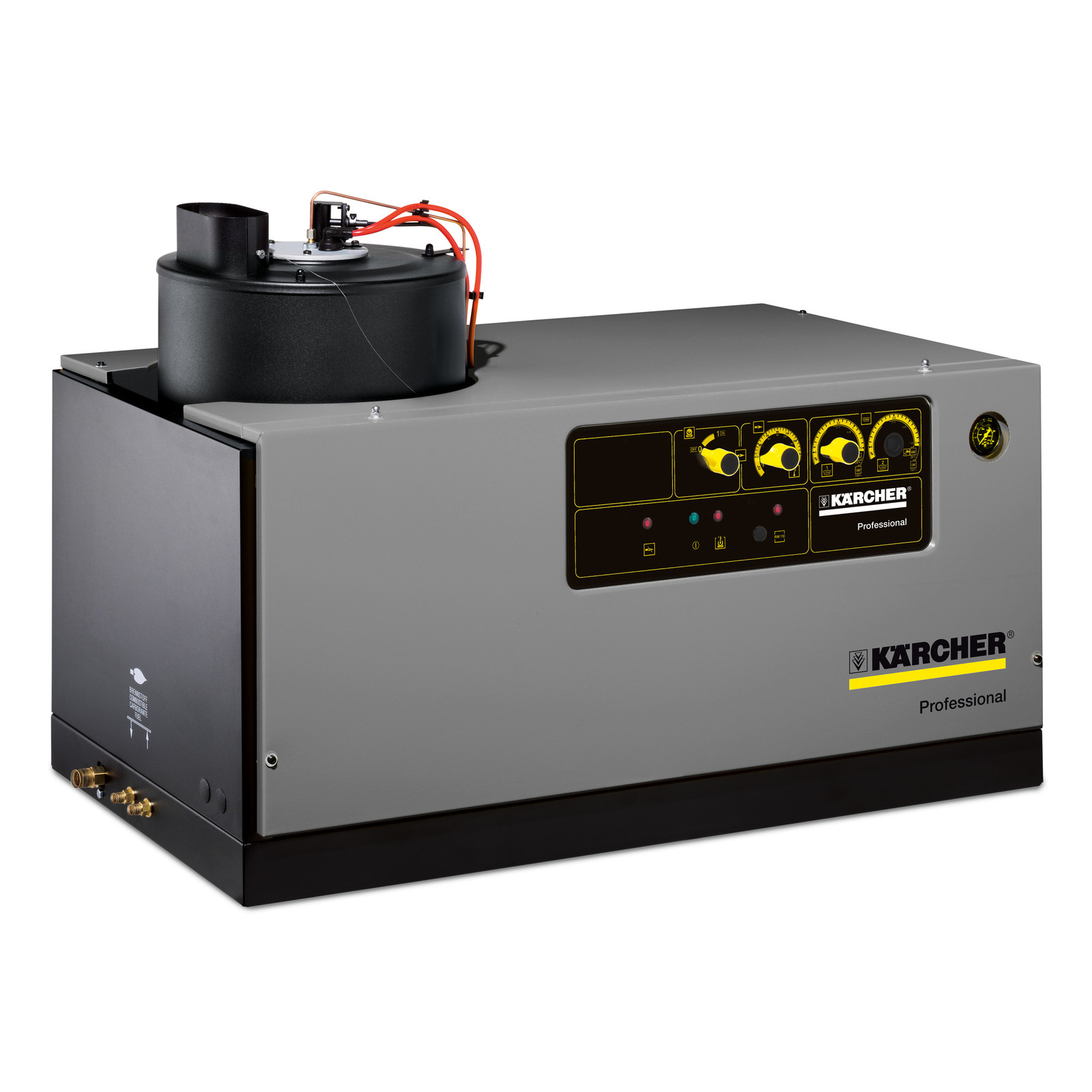Kärcher professional cleaning machine with control panel and hoses, featuring a grey and black design.