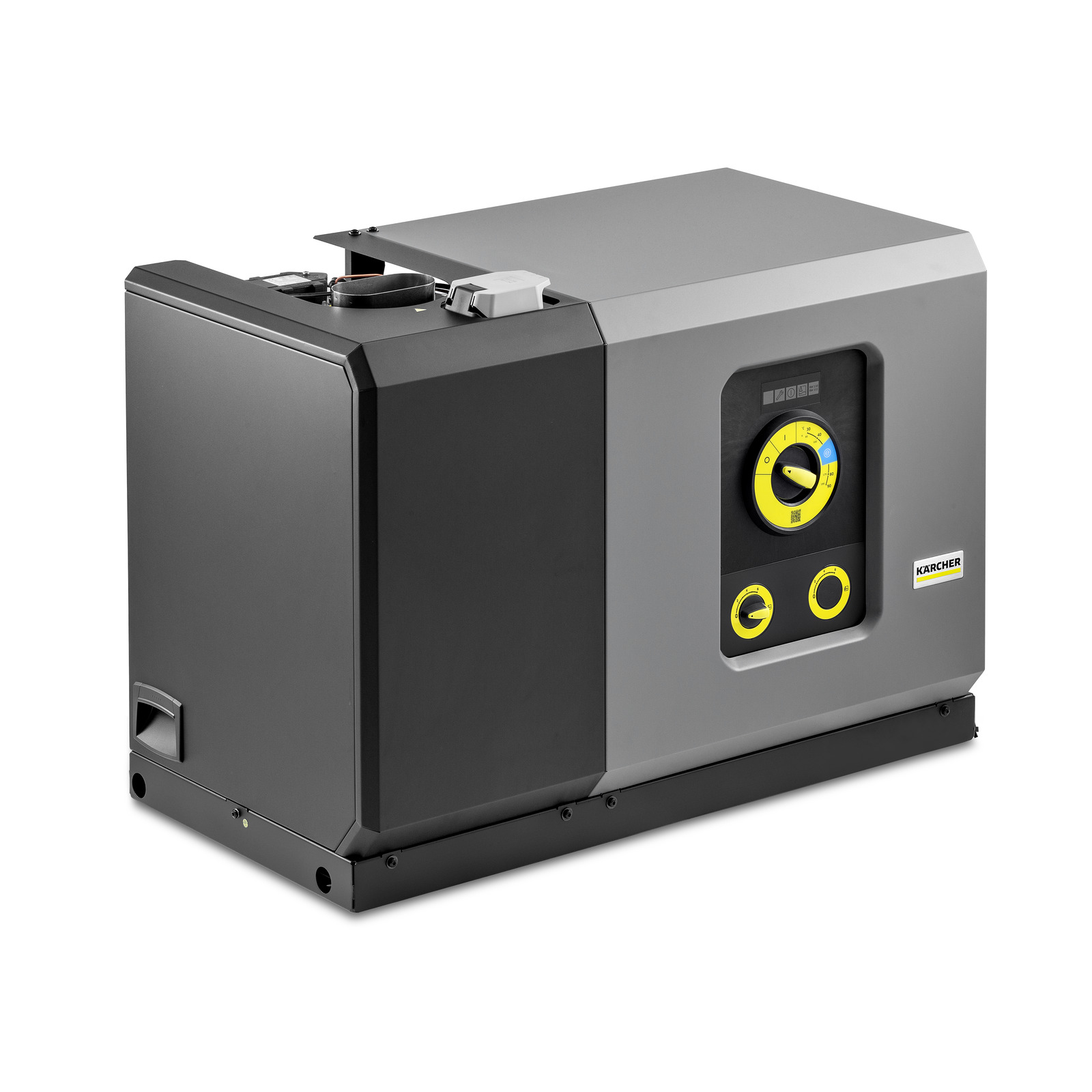 Kärcher grey and black industrial cleaning machine with control panel and yellow dials. Kärcher grey and black industrial cleaning machine with control panel and yellow dials.