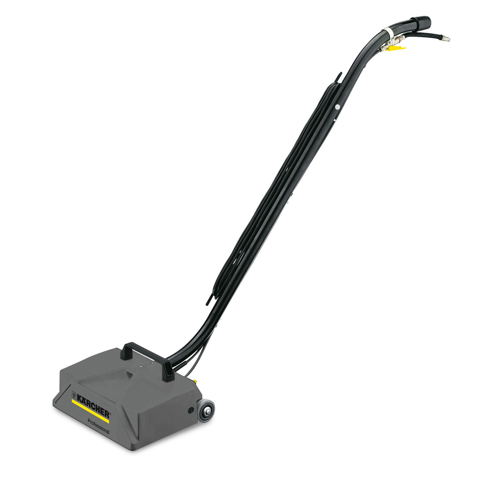 Kärcher professional floor cleaner with long handle and wheels, grey body, and black cables.