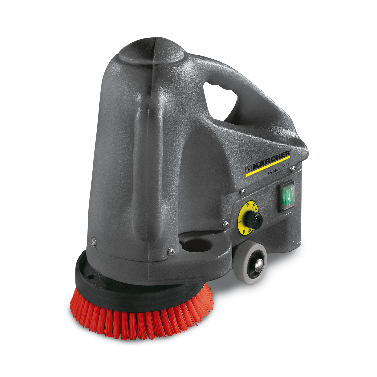 Aspirator Kärcher profesional cu perie rotativă roșie și buton de control galben pe carcasa gri.