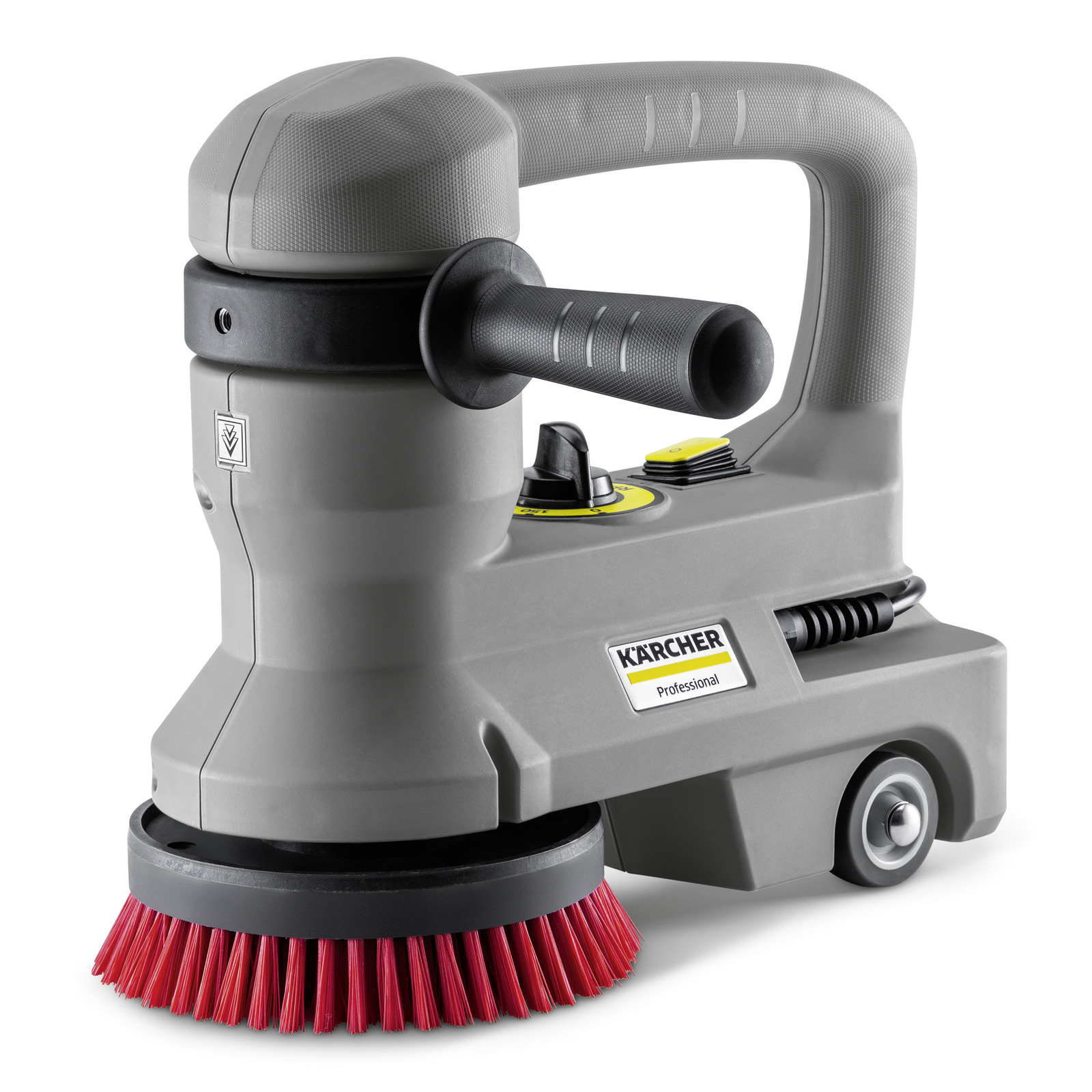 Aspirator Kärcher profesional cu perie roșie, mâner ergonomic și roți pentru mobilitate.