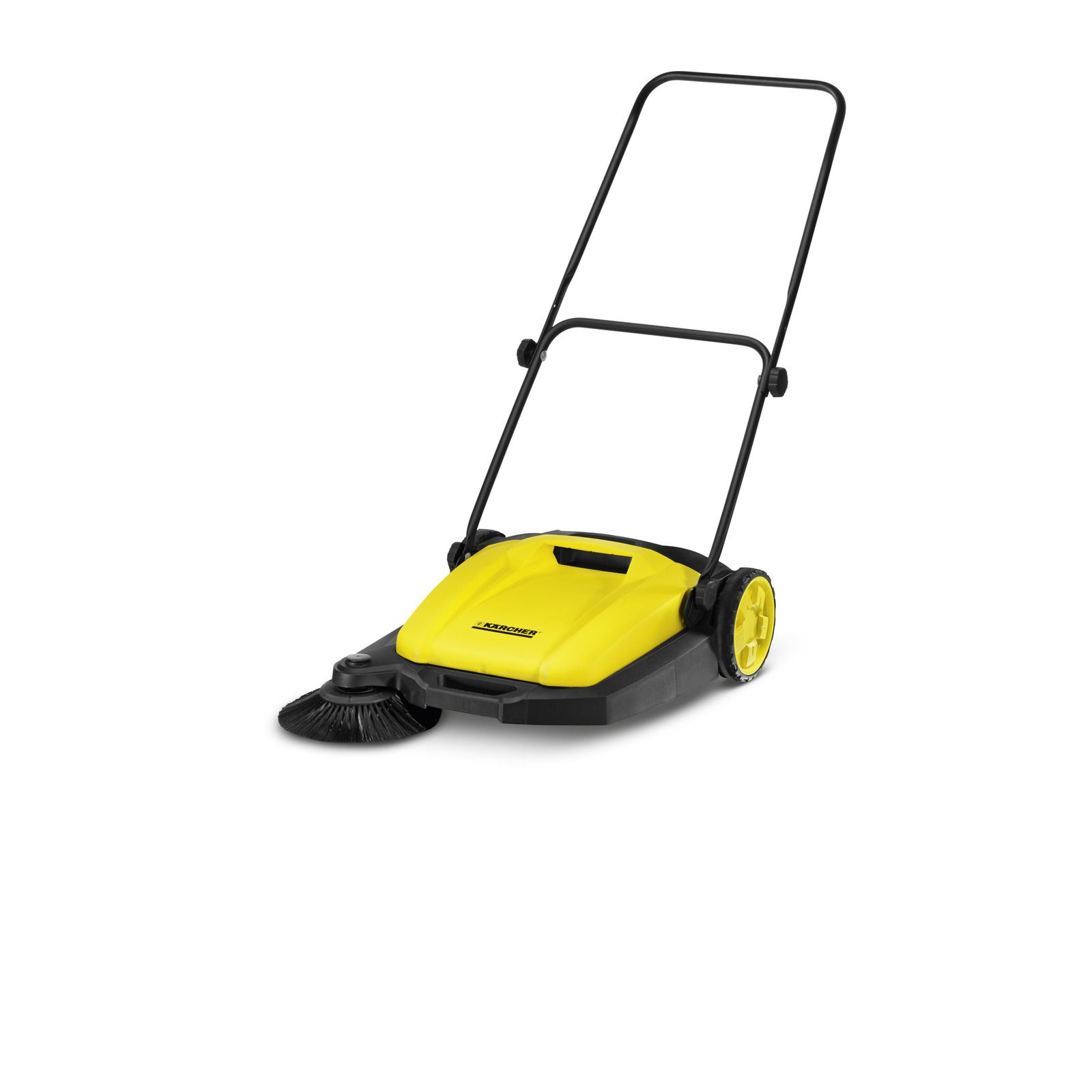Yellow Kärcher push sweeper with black handle and wheels, featuring a circular brush on a white background. Yellow Kärcher push sweeper with black handle and wheels, featuring a circular brush on a white background.