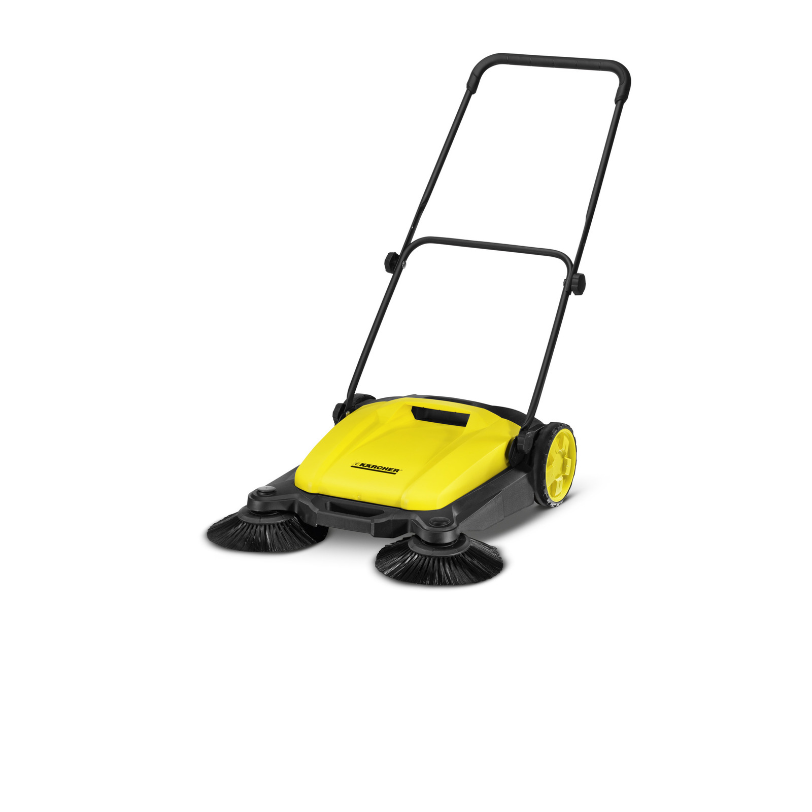 Yellow Kärcher push sweeper with dual brushes and black handle, isolated on a white background.