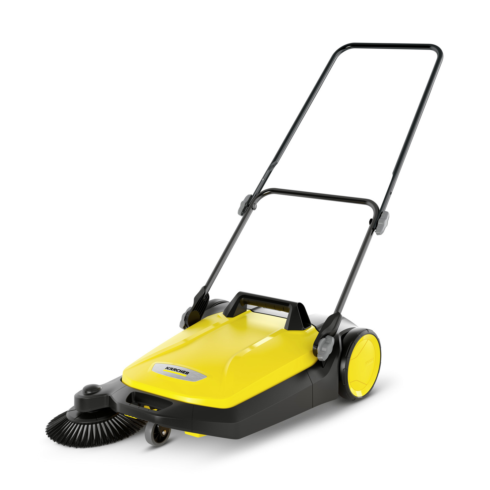 Yellow Kärcher push sweeper with black handle and side brush, designed for outdoor use.