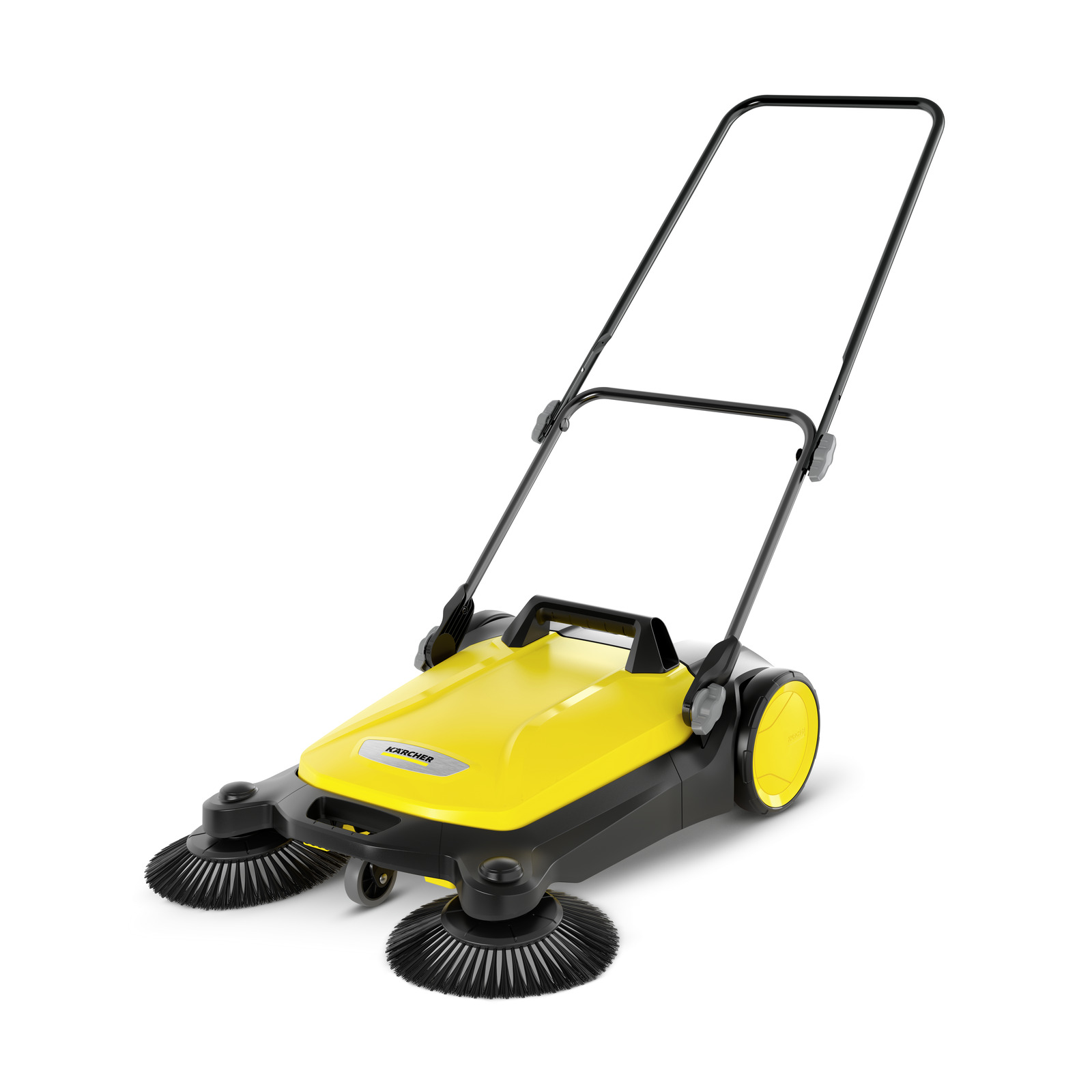 Gelber Kärcher Kehrmaschine mit zwei rotierenden Bürsten und schwarzem Griff, auf weißem Hintergrund.