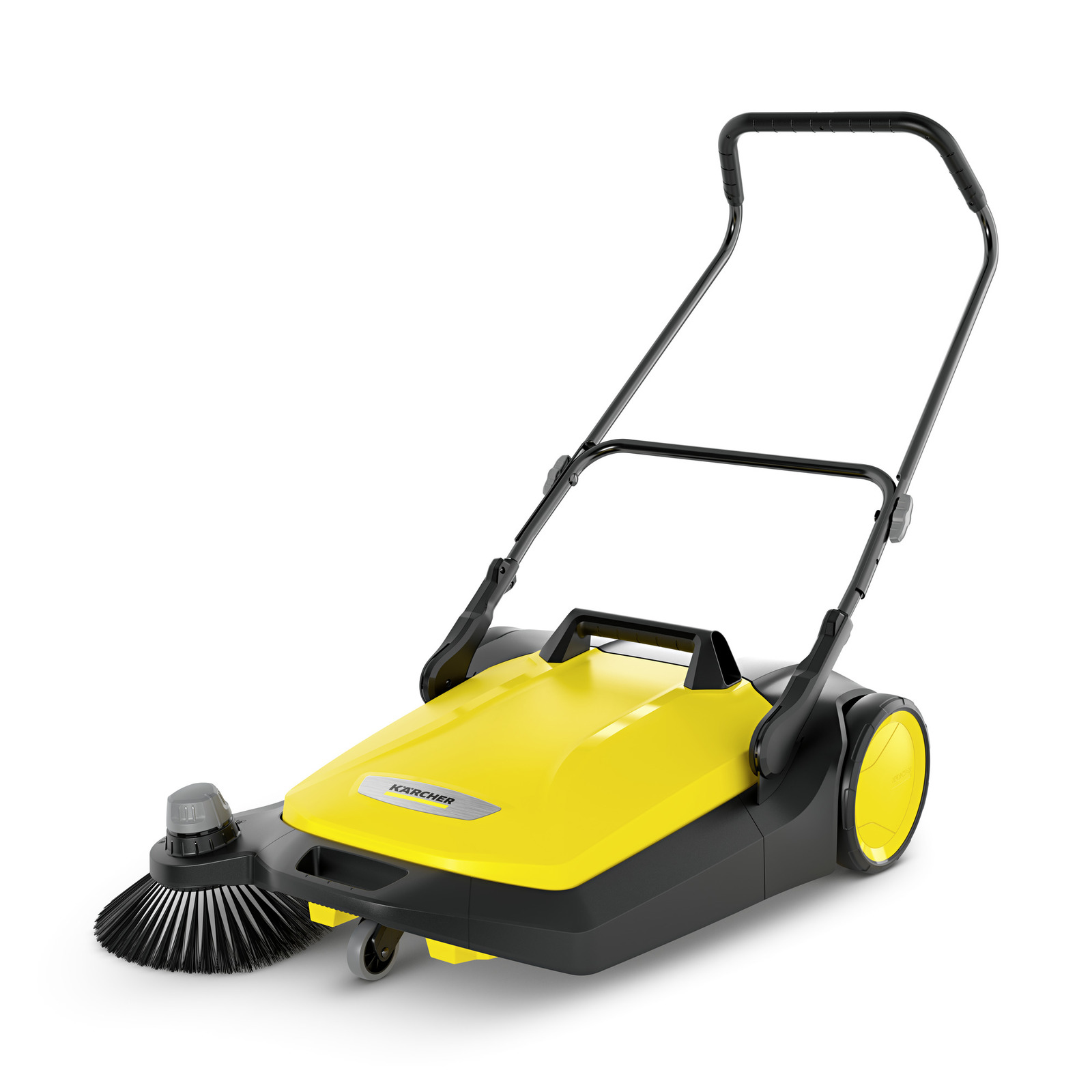 Yellow Kärcher push sweeper with black handle and side brush, designed for outdoor cleaning tasks.