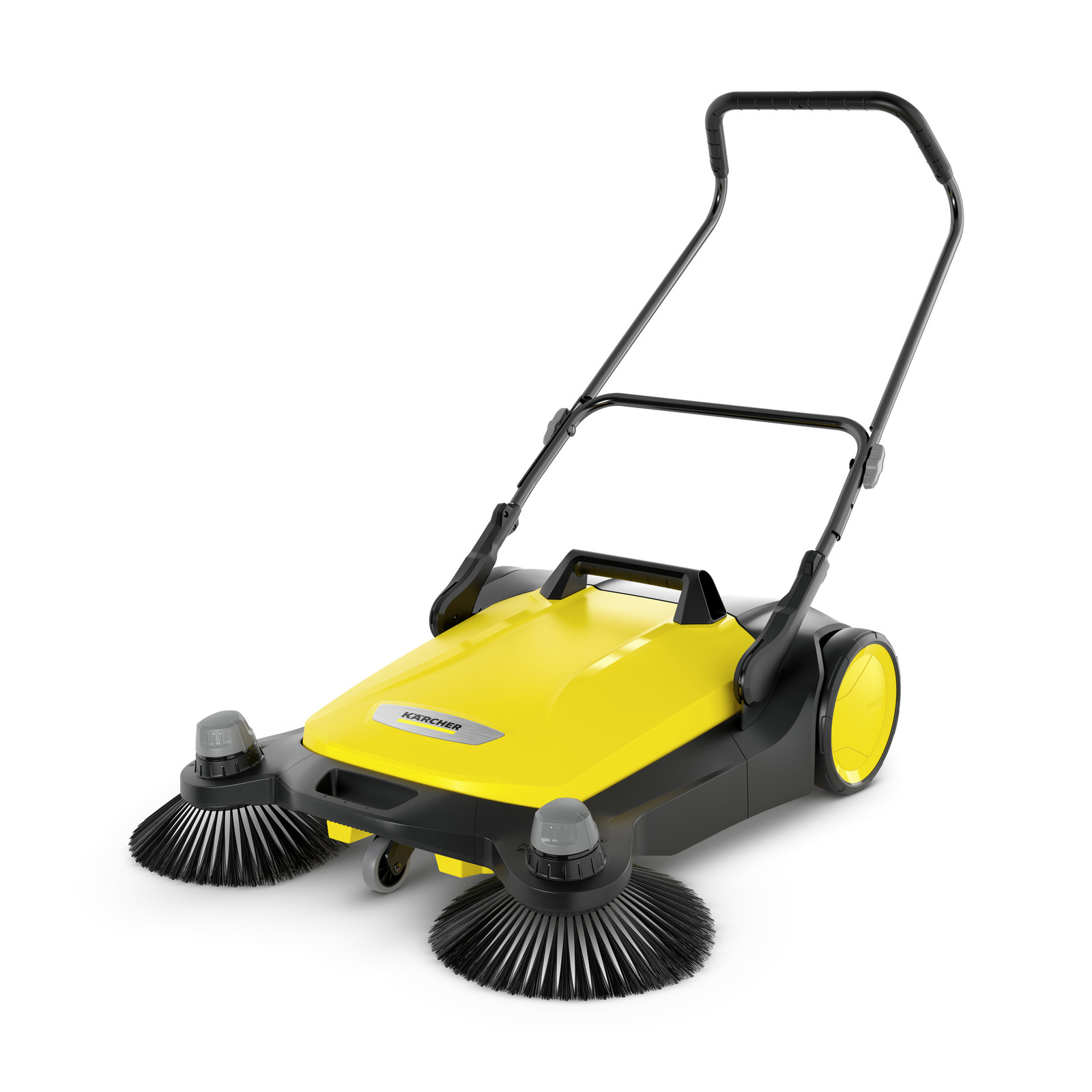 Gelber Kärcher Kehrmaschine mit zwei rotierenden Bürsten und schwarzem Griff auf weißem Hintergrund.