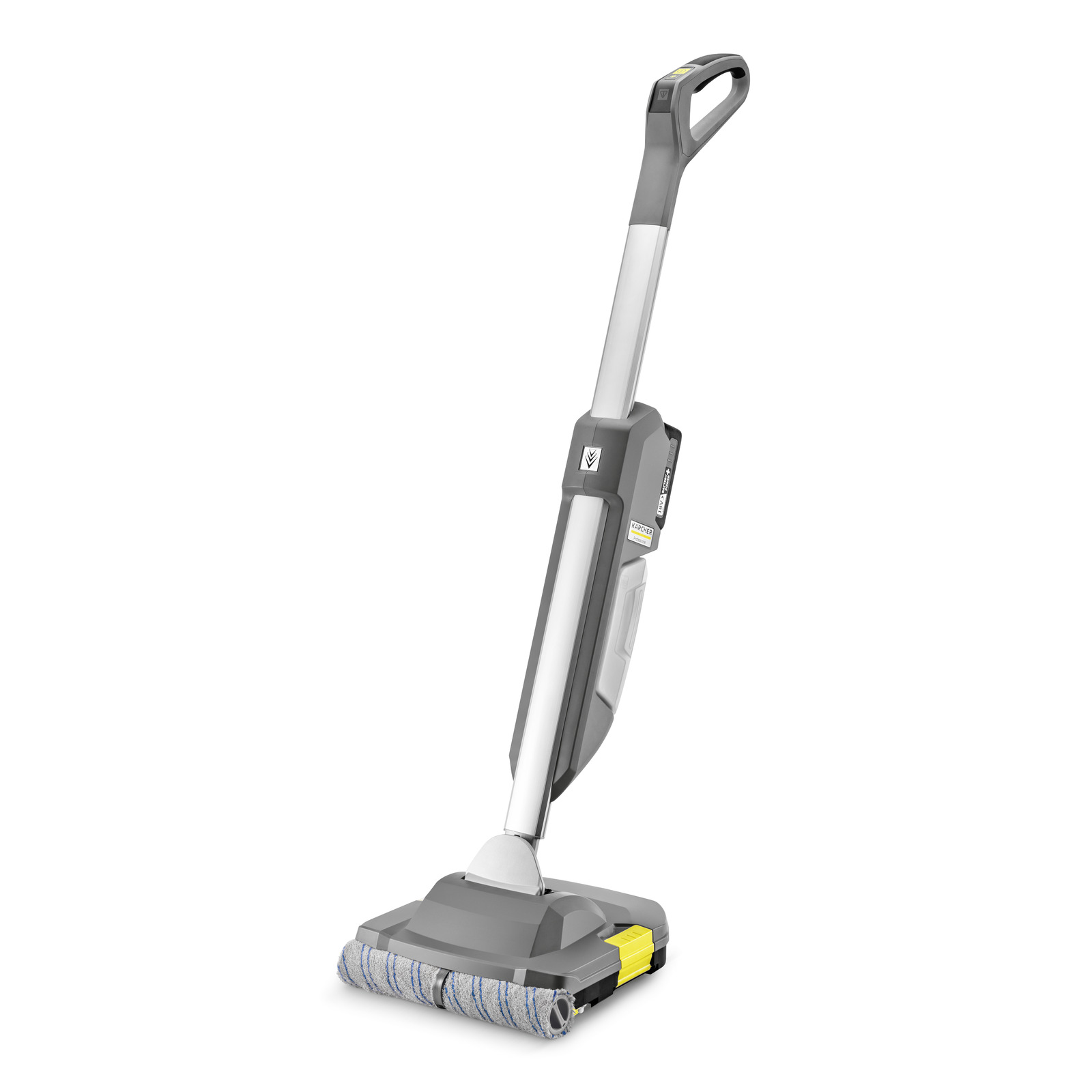 Kärcher floor cleaner with grey handle and blue-striped roller brush on white background.