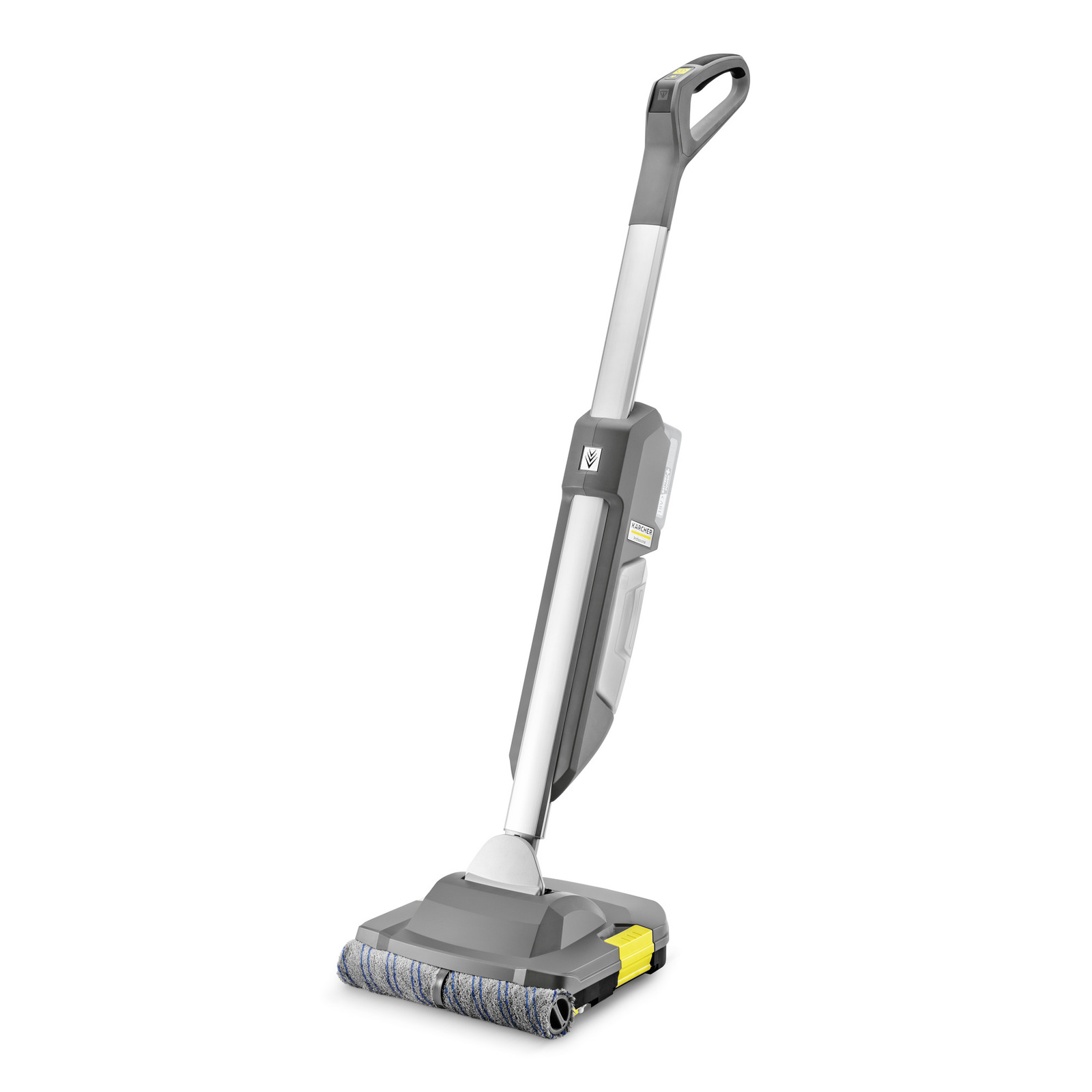 Kärcher floor cleaner with grey handle and blue roller brush, standing upright on a white background. Kärcher floor cleaner with grey handle and blue roller brush, standing upright on a white background.
