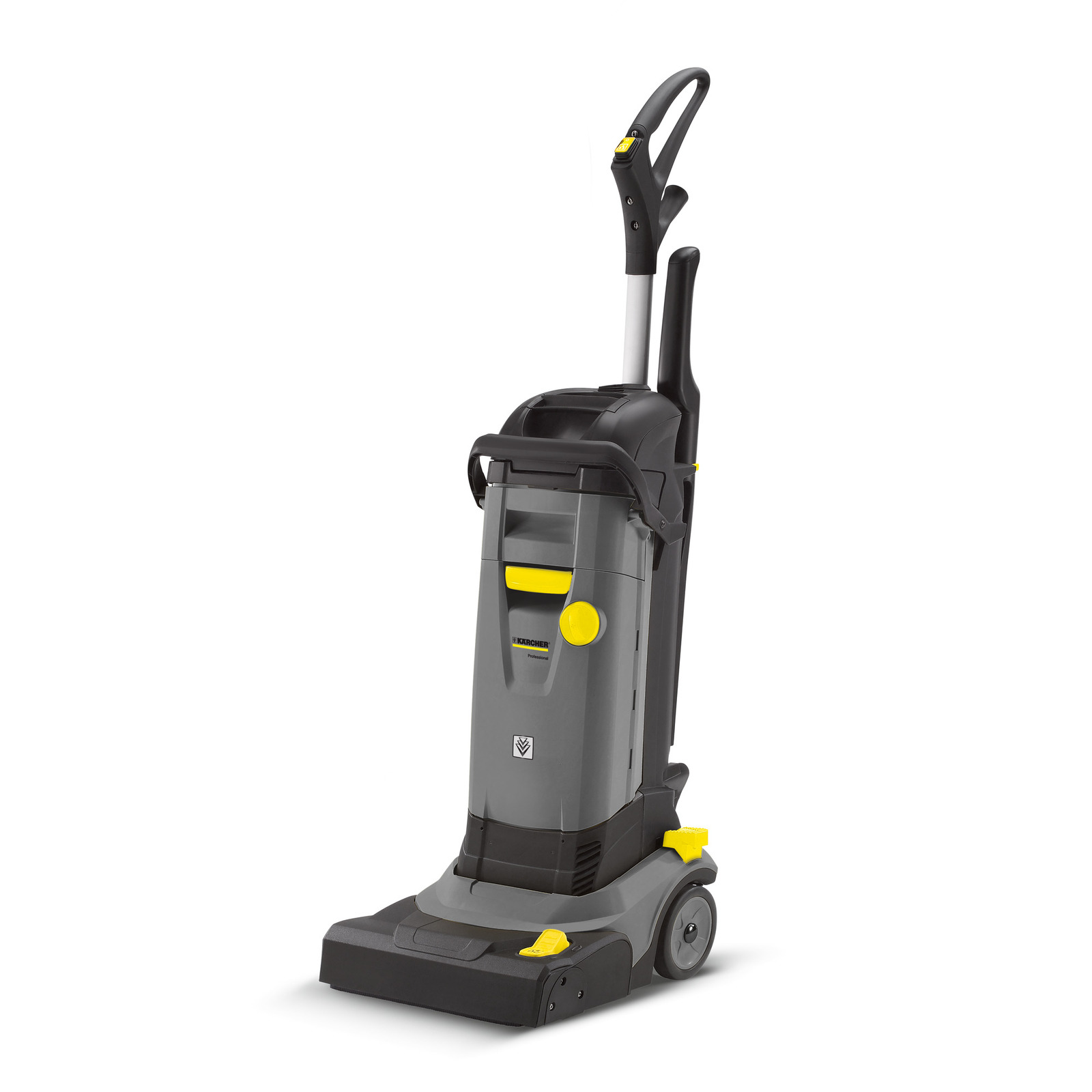 Kärcher upright vacuum cleaner with grey body, yellow accents, and ergonomic handle on white background. Kärcher upright vacuum cleaner with grey body, yellow accents, and ergonomic handle on white background.