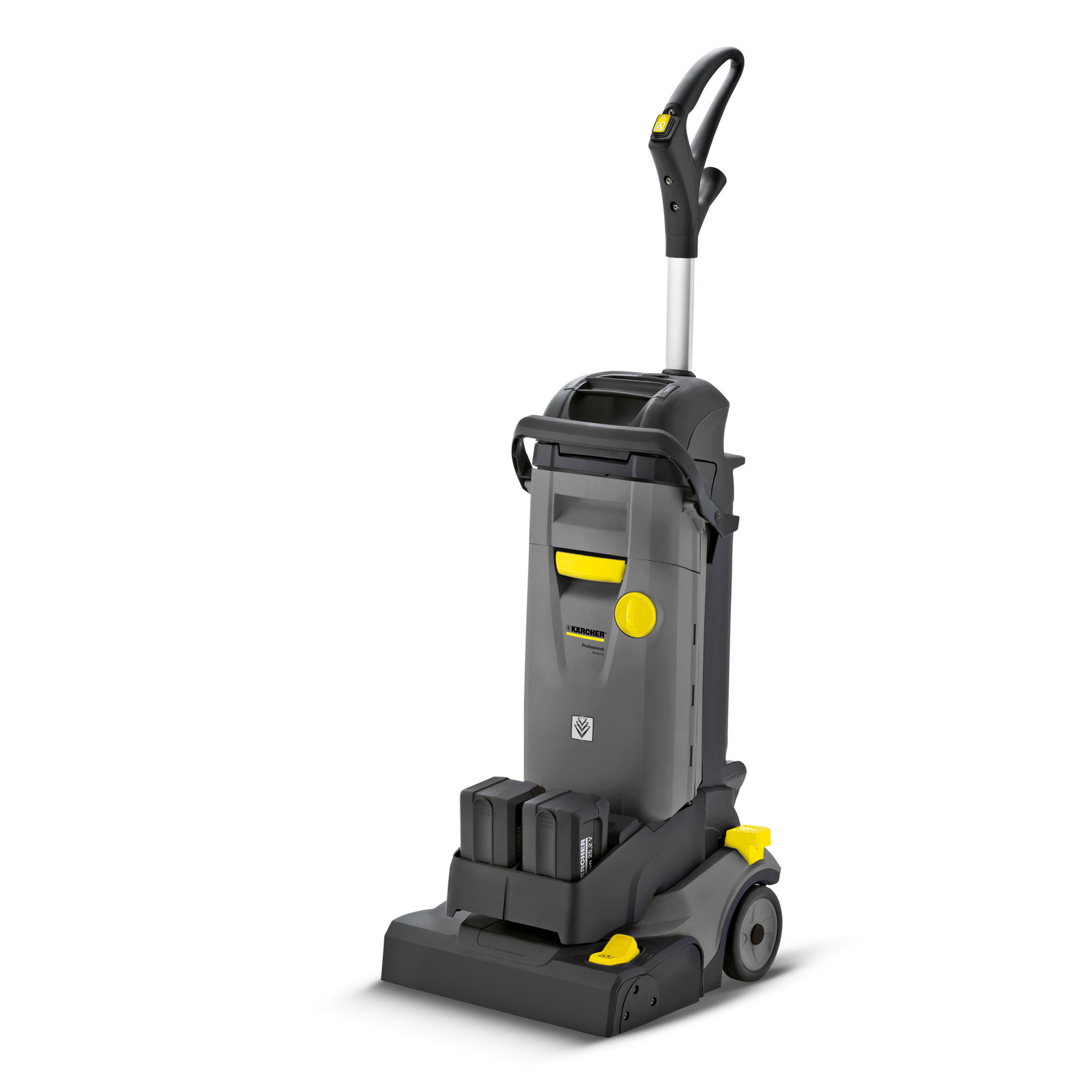 Kärcher Bodenreinigungsmaschine mit grauem Gehäuse, gelben Akzenten und ergonomischem Griff.