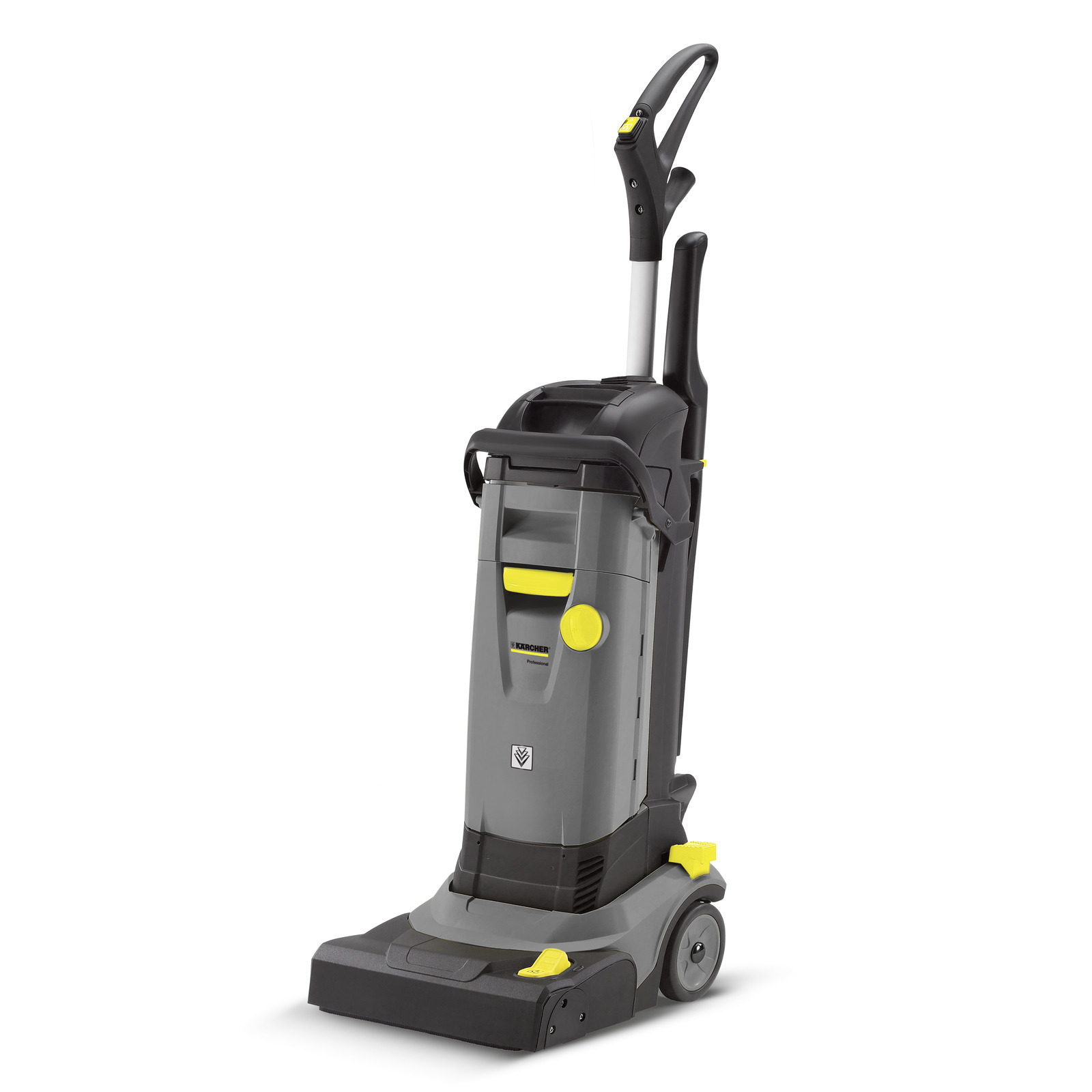 Aspirator vertical Kärcher, gri cu accente galbene, pe fundal alb.