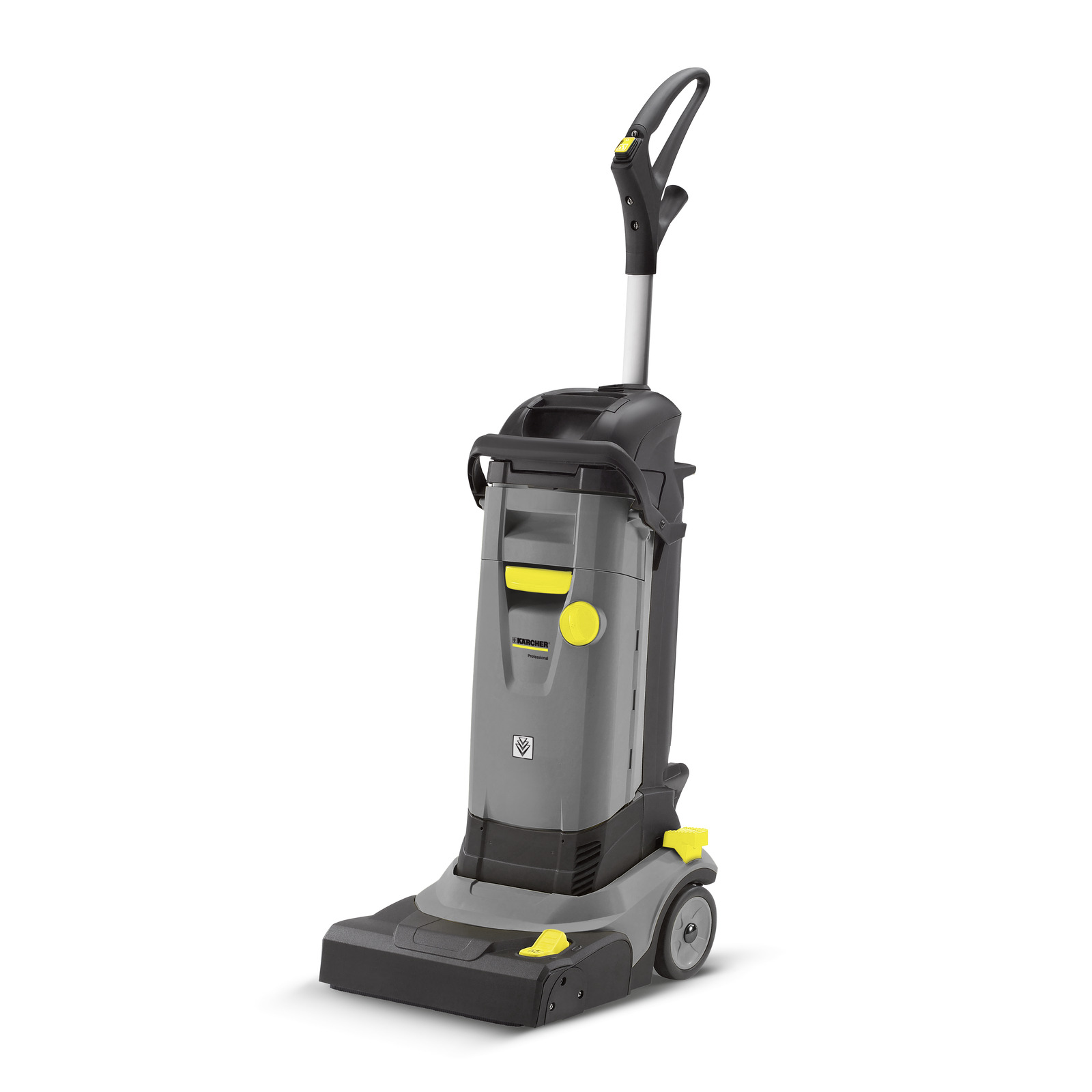 Kärcher upright floor scrubber with grey body, yellow accents, and a black handle. Kärcher upright floor scrubber with grey body, yellow accents, and a black handle.