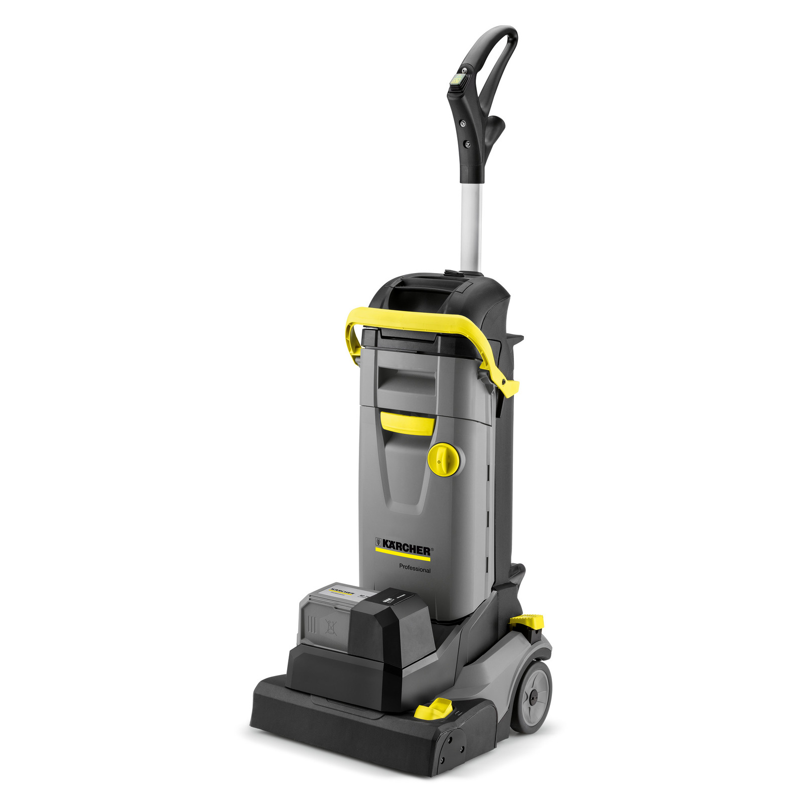 Kärcher upright vacuum cleaner with grey and black body, yellow accents, and ergonomic handle. Kärcher upright vacuum cleaner with grey and black body, yellow accents, and ergonomic handle.