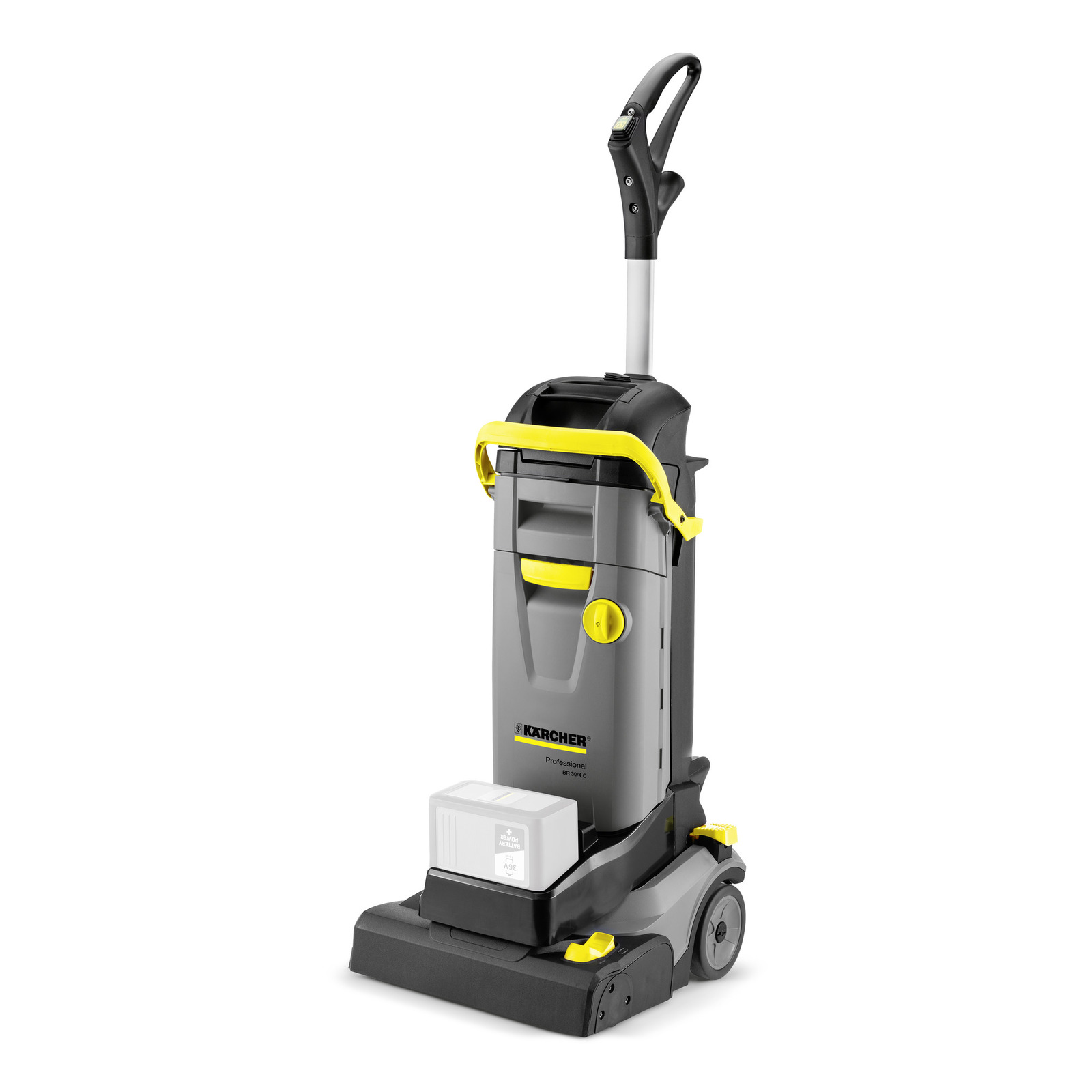 Kärcher upright scrubber dryer with grey body, yellow accents, and ergonomic handle, designed for floor cleaning.