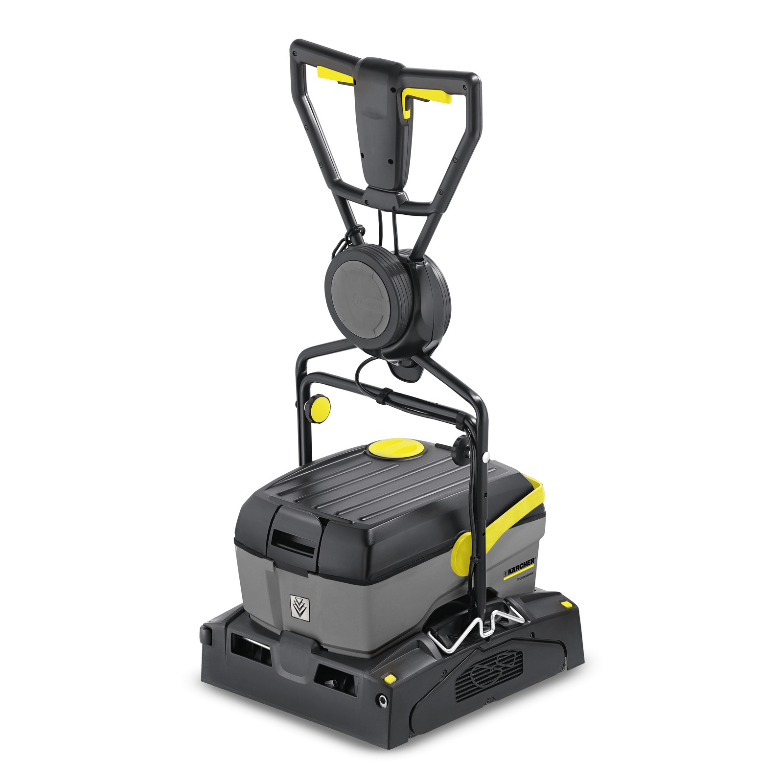 Kärcher floor scrubber with a black and yellow design, featuring a handle and control panel on a white background. Kärcher floor scrubber with a black and yellow design, featuring a handle and control panel on a white background.